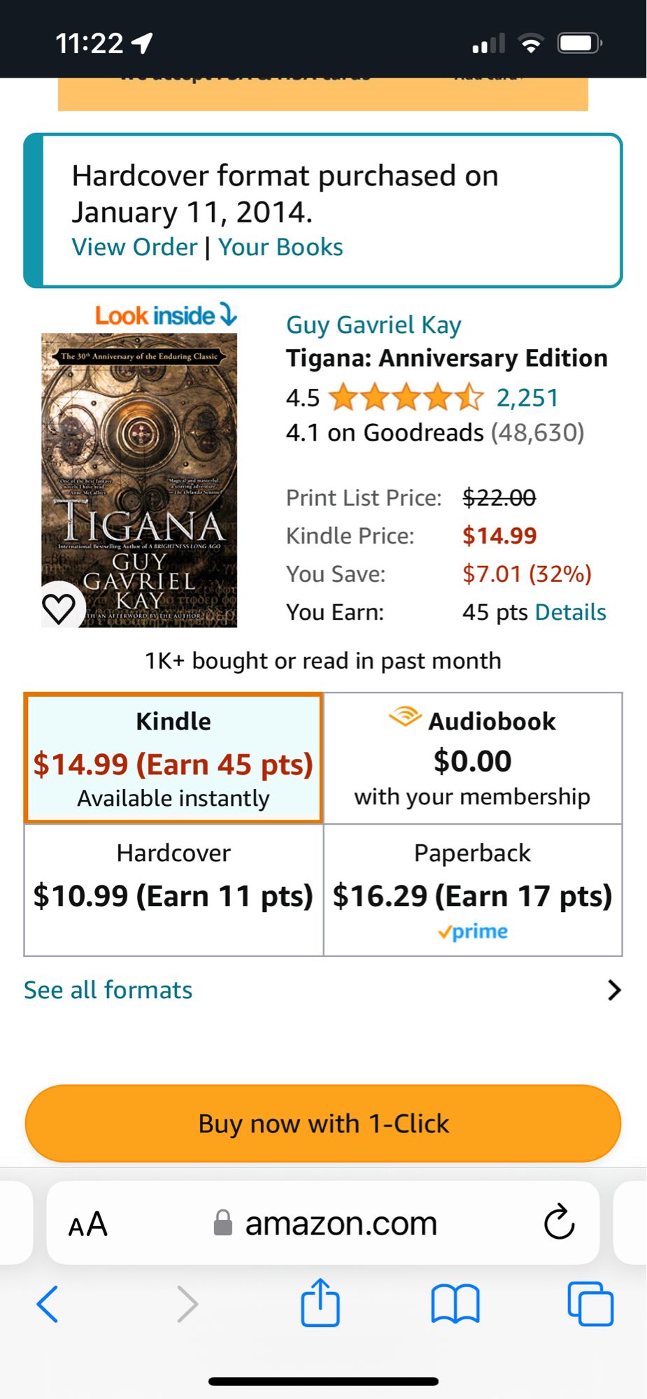 A screenshot of the Amazon.com website page for the Tigana book by Guy Gavriel Kay, listing different formats and prices