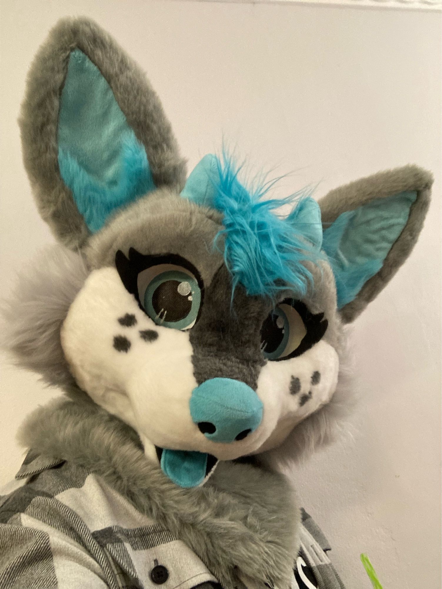 A grey and light blue fursuit head with small horns, and feminine features. It’s a cross between a canine and a deer