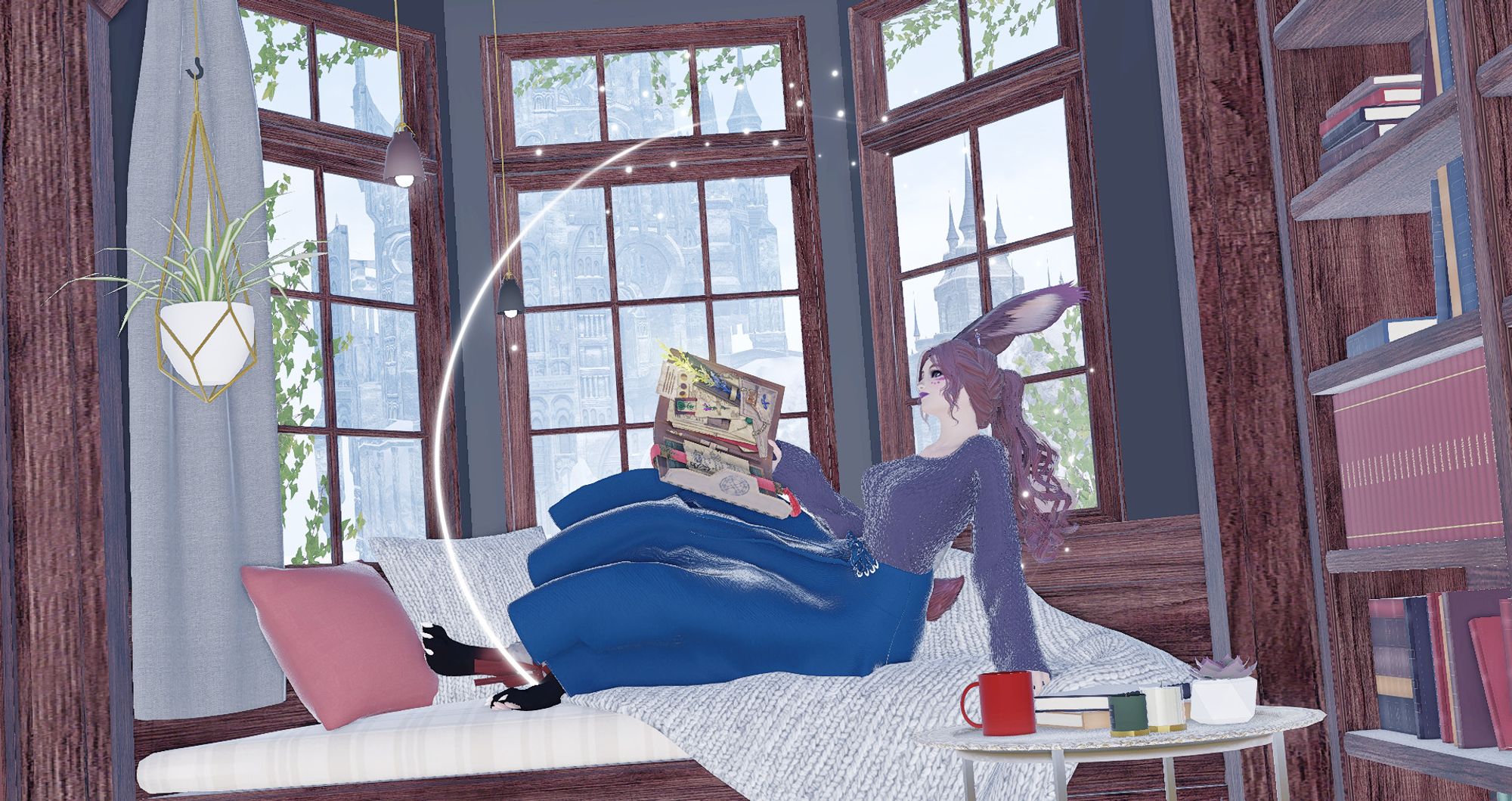 Agatha sits semi-reclined in a comfy reading nook, surrounded by books and plants and pillows. One hand holds a journal and is propped against her knee. She is looking out the bay windows of the nook she sits in, admiring the view of the castle-like silhouette of the city of Ishgard outside