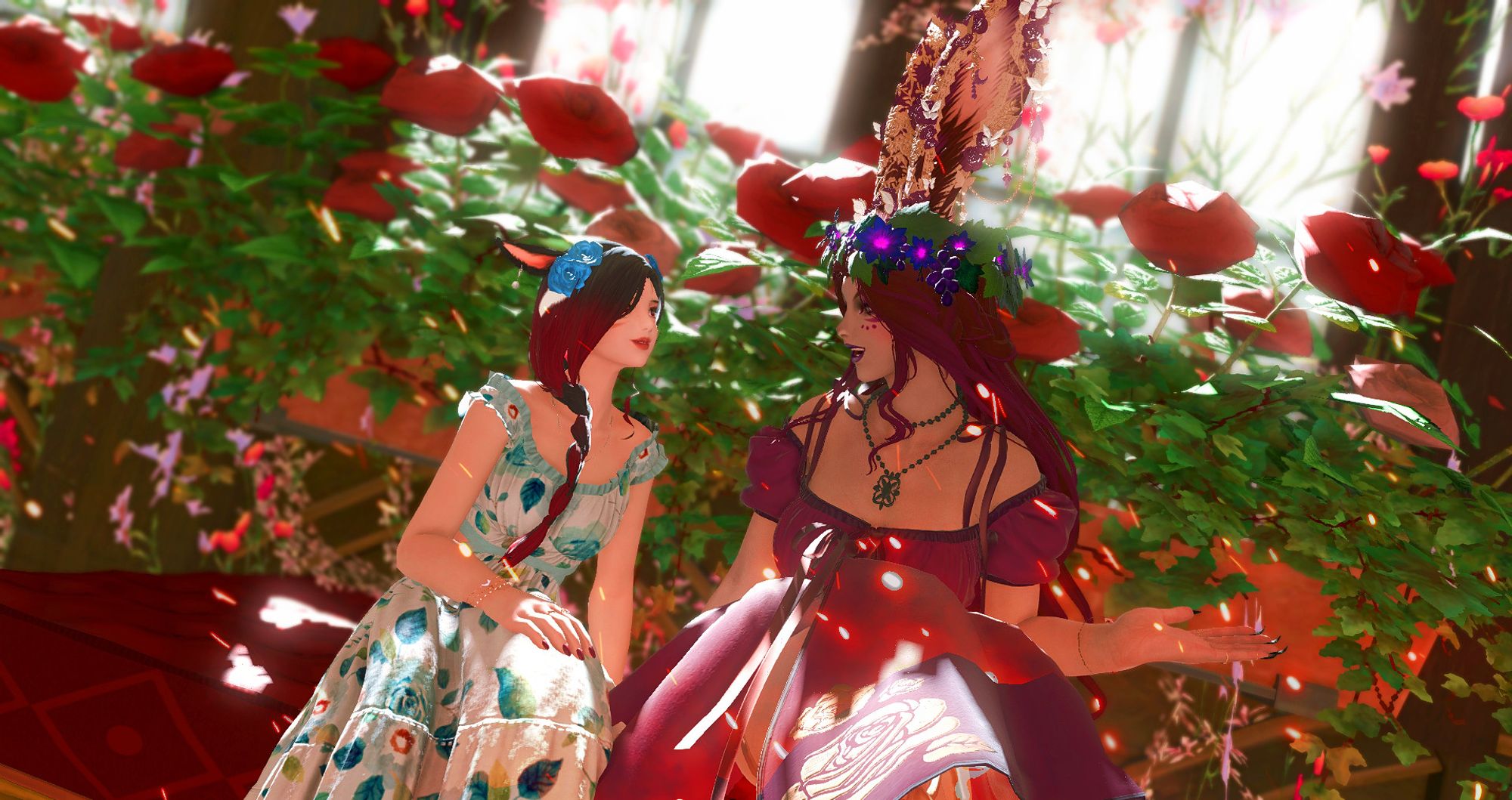 Agatha and Scribbly, a viera in a bright purple sundress and a miqo'te in a white and blue floral sundress, converse among the flowers with joy