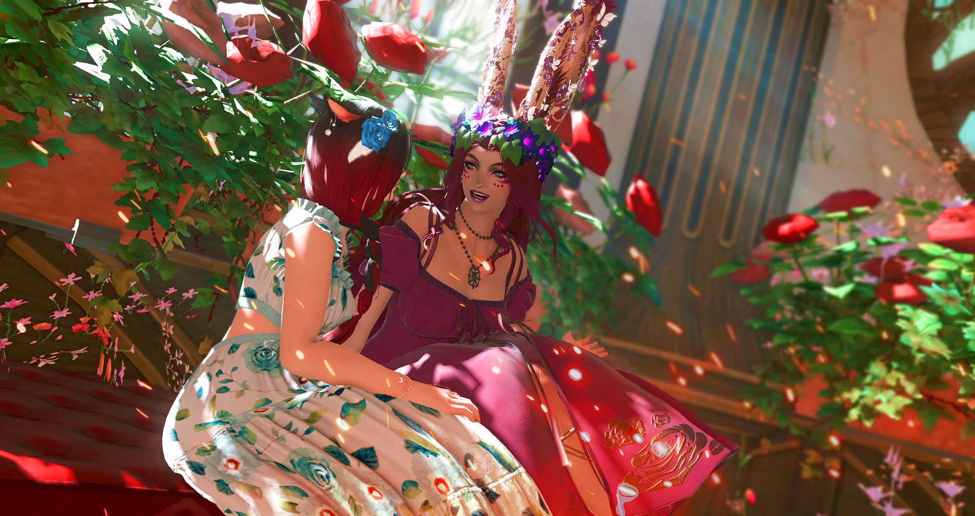 Agatha and Scribbly, a viera in a bright purple sundress and a miqo'te in a white and blue floral sundress, converse among the flowers with joy