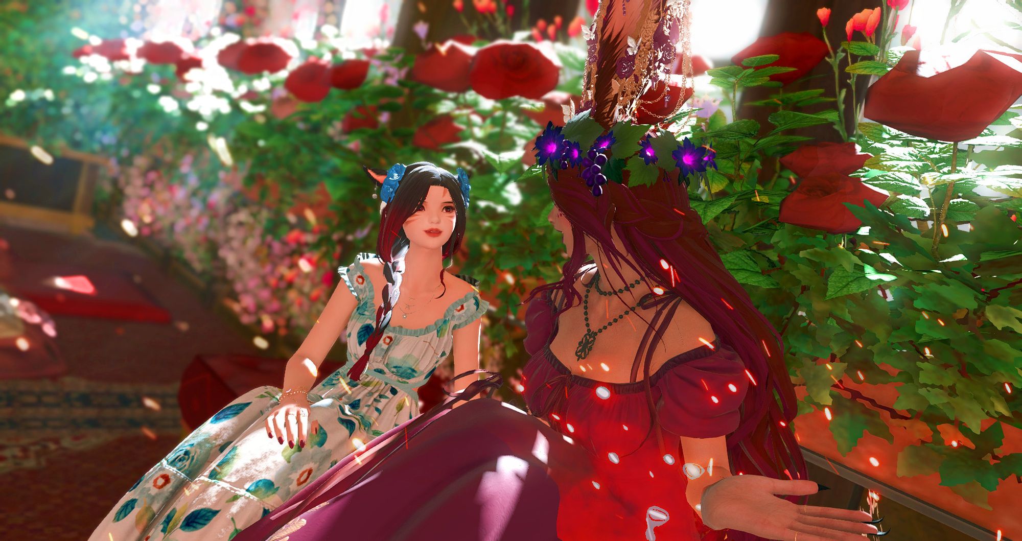 Agatha and Scribbly, a viera in a bright purple sundress and a miqo'te in a white and blue floral sundress, converse among the flowers with joy