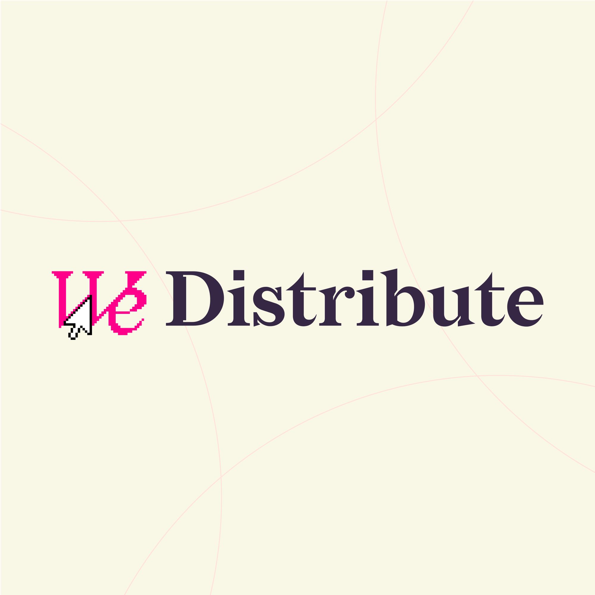 Logo that says “We Distribute” on a cream background. The “We” is pixelated and pink with a cursor embedded into it.