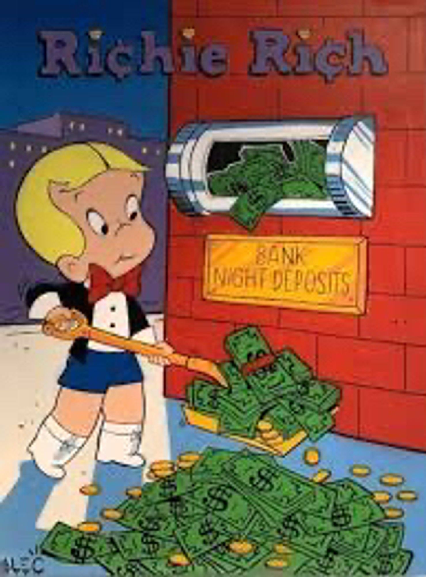 The image is a cover of a Richie Rich comic book; Richie Rich, a white boy between maybe 6 and 8 years old, with blonde hair in a center part, wearing an Eton jacket and short pants with a big red bow tie, is standing at a bank shoveling gold coins and dollar bills into its “Night Deposits” slot (like a library bookdrop, very common in the pre-ATM days)