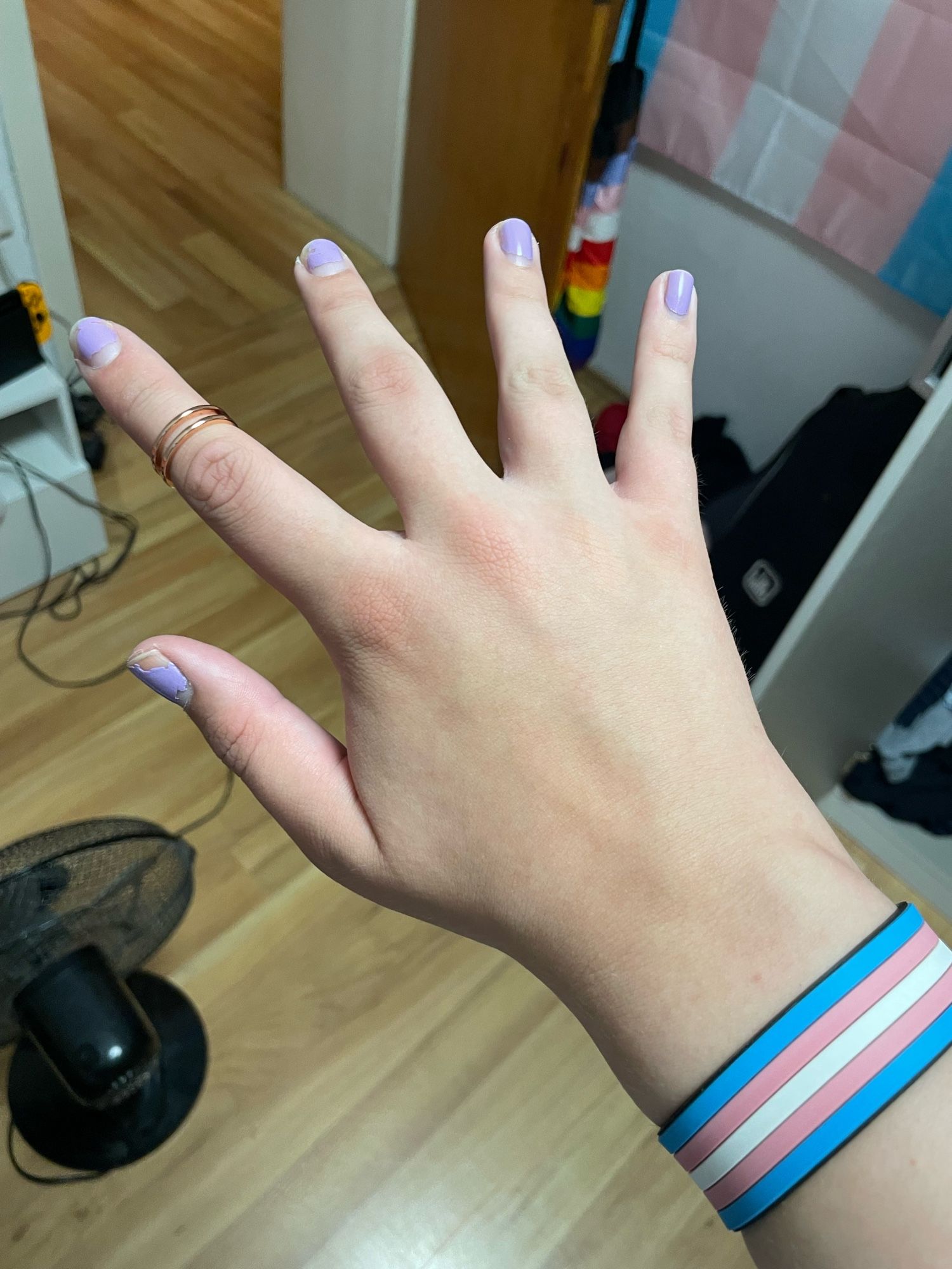 Trans bracelet one ring and nail polish on my right hand