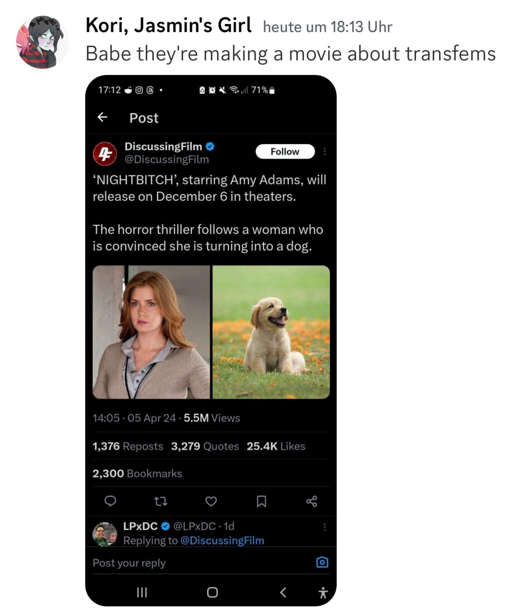 Kori
Babe they’re making a movie about transfems
(Image)
NIGHTBITCH starring Amy Adams will release on December 6 in theatres

The horror thriller follows a woman who is convinced she is turning into a dog