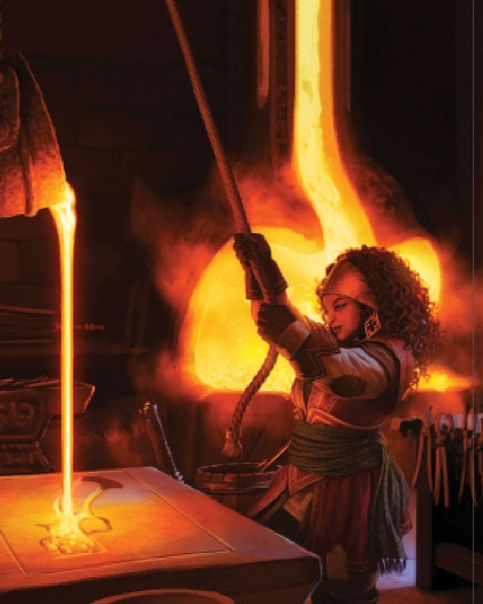 Nhalmika, the iconic dwarf gunslinger from Pathfinder TTRPG, operates a forge, lit by glowing molten metals. She has brown skin and tightly curled brown hair held off her face with a scarf. Art by Roberto Pitturru for Paizo (Pathfinder Guns & Gears).