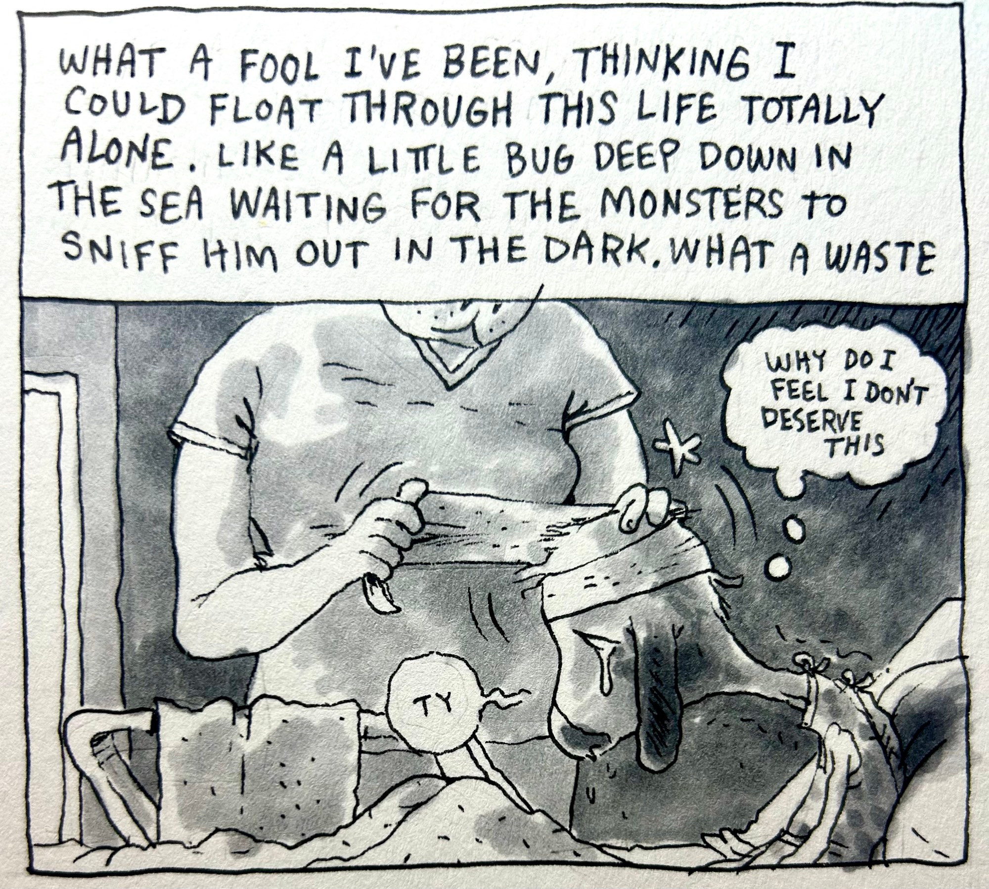 Comic hospital dog ponders the gestalt