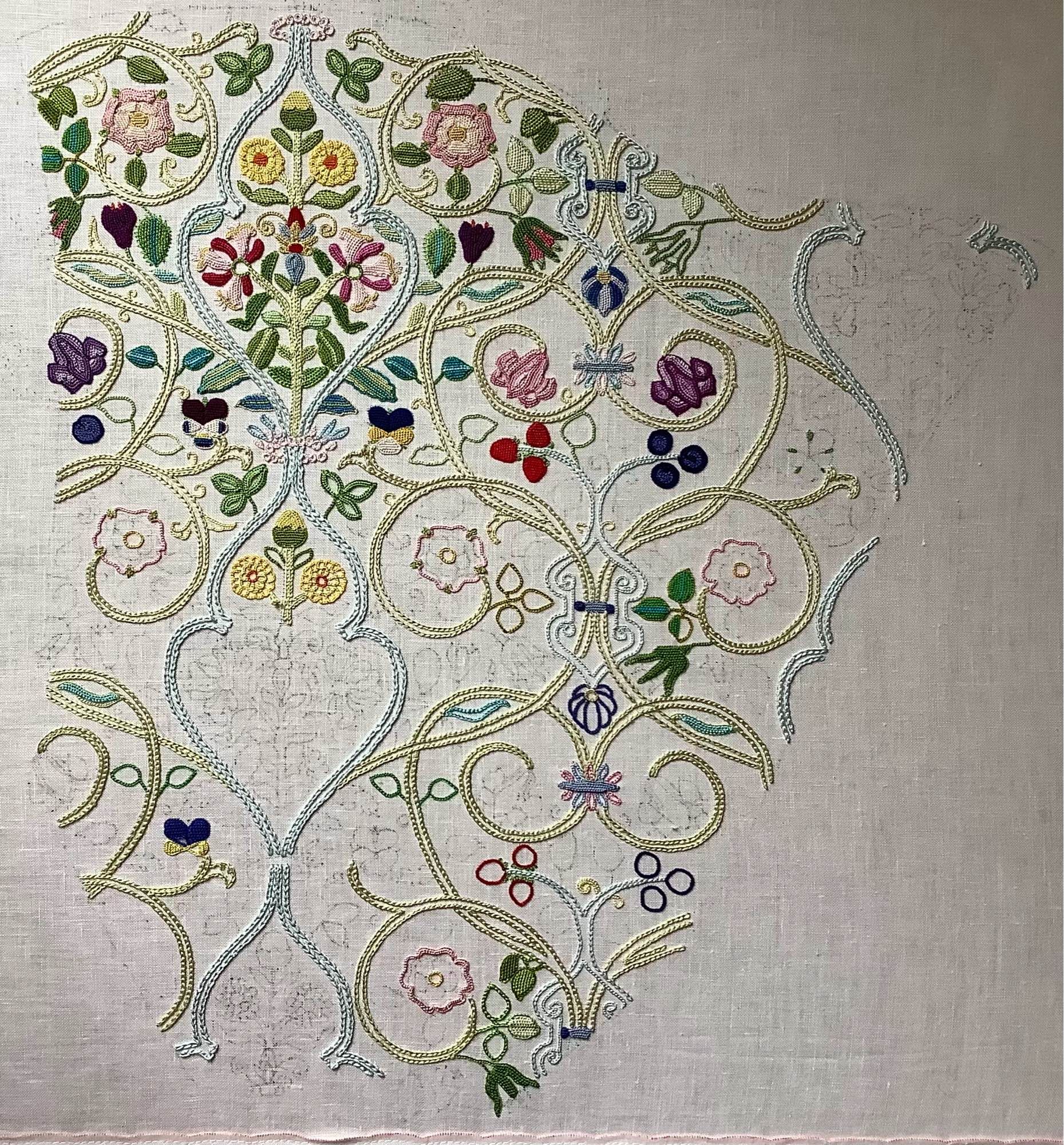 Floral silk embroidery on fine linen