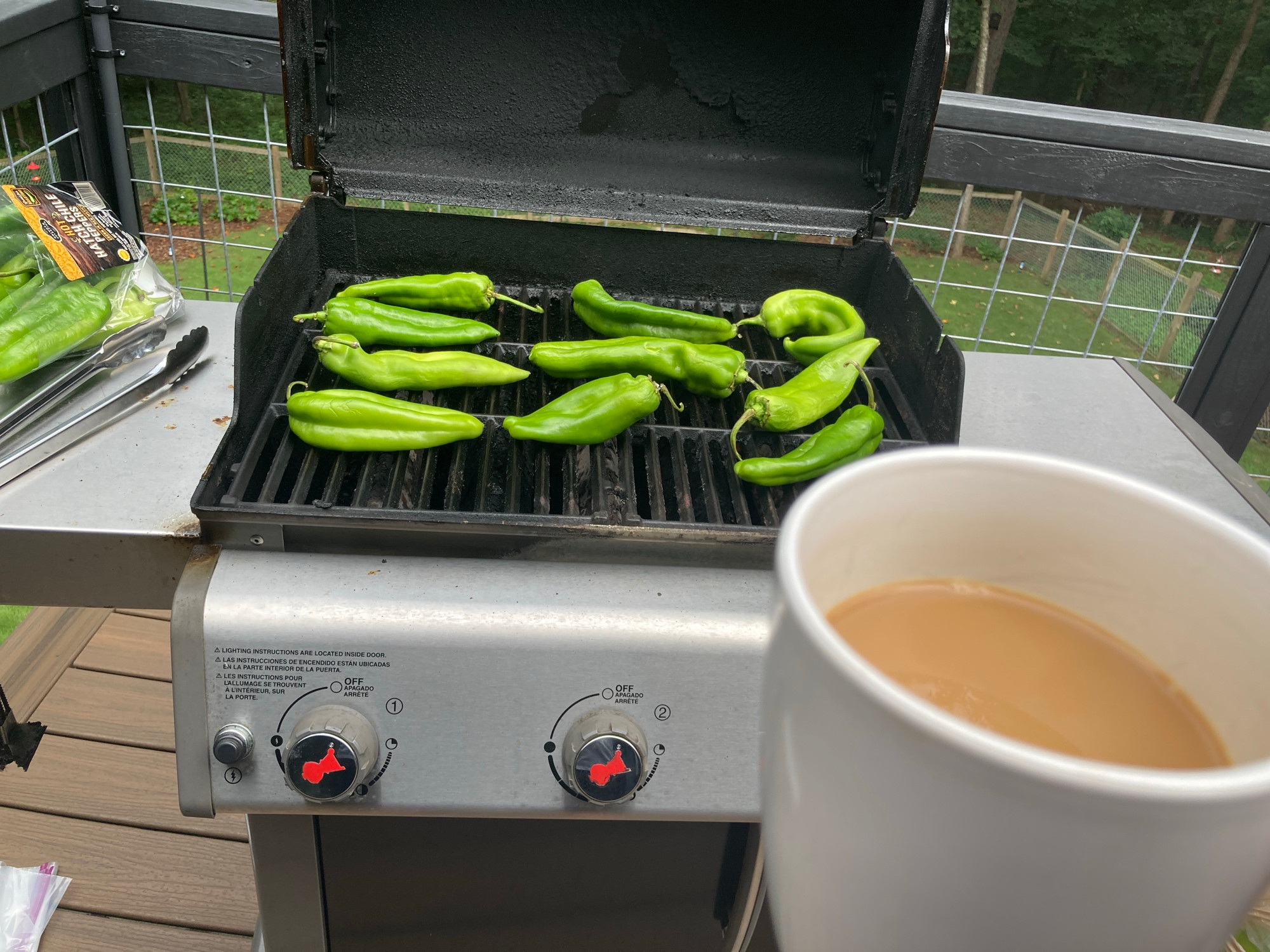 Green chiles roasting on a grill 