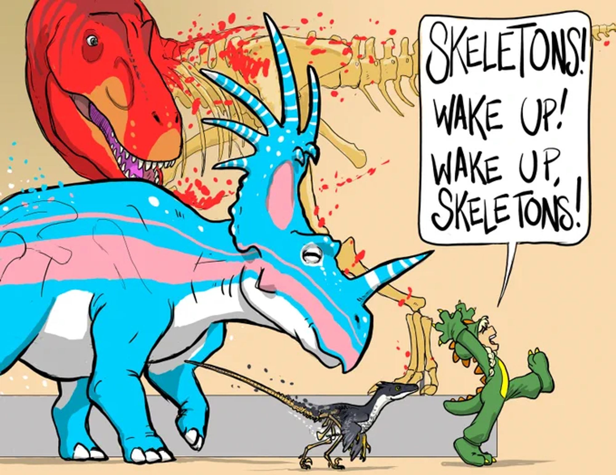 A little kid in a green dino costume yells "Skeletons! Wake up! Wake up, skeletons!"

She is followed by a trans-colored Styracosaurus, a feathery velociraptor that is starting to form around its fossilized remains, and an Allosaurus, just beginning to take shape. 

I love you all! Be happy, please!