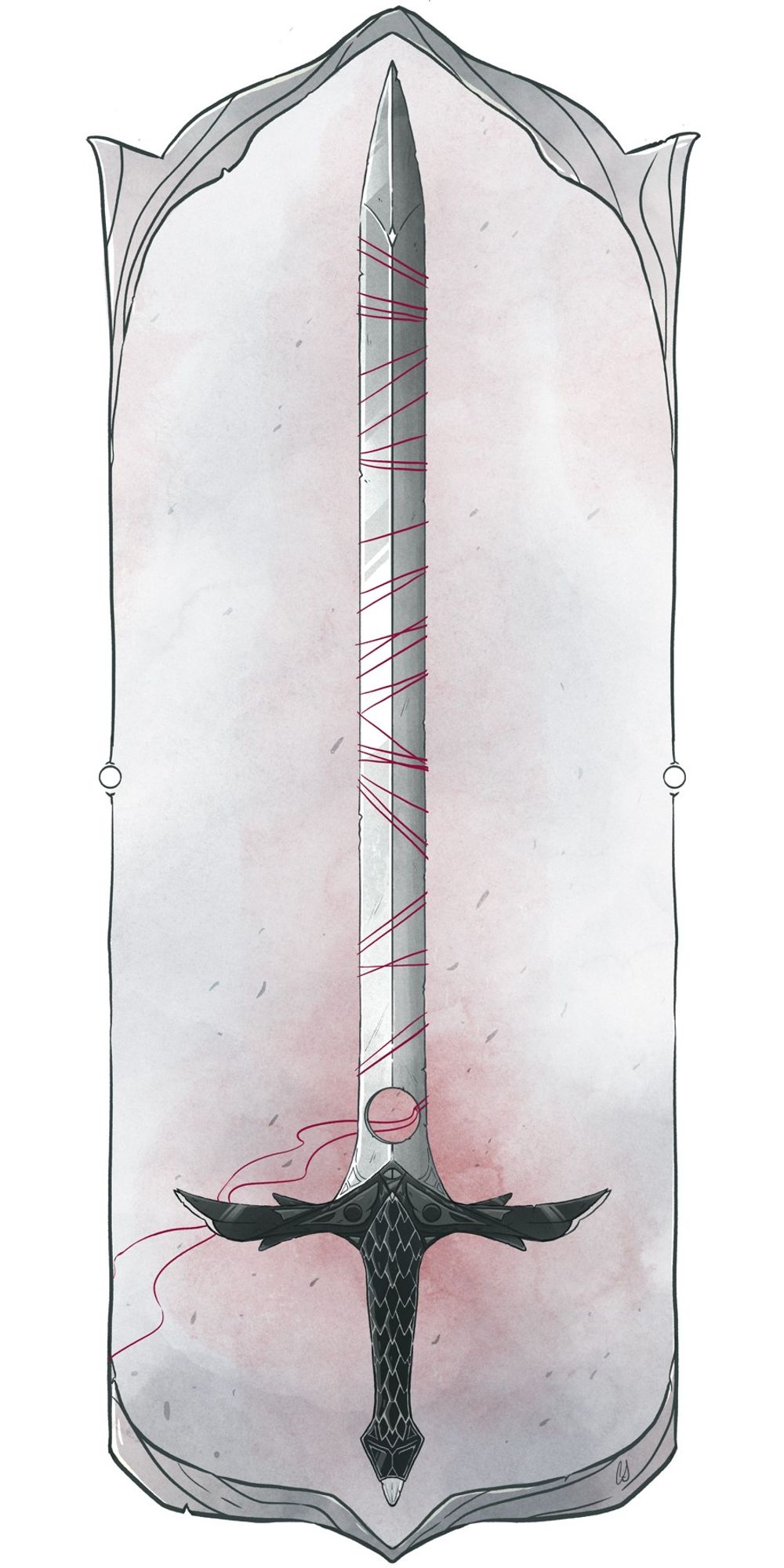 a tall frame around a sword with red string wrapped around the blade. The blade has a hole near the base and dragon scales on the hilt.