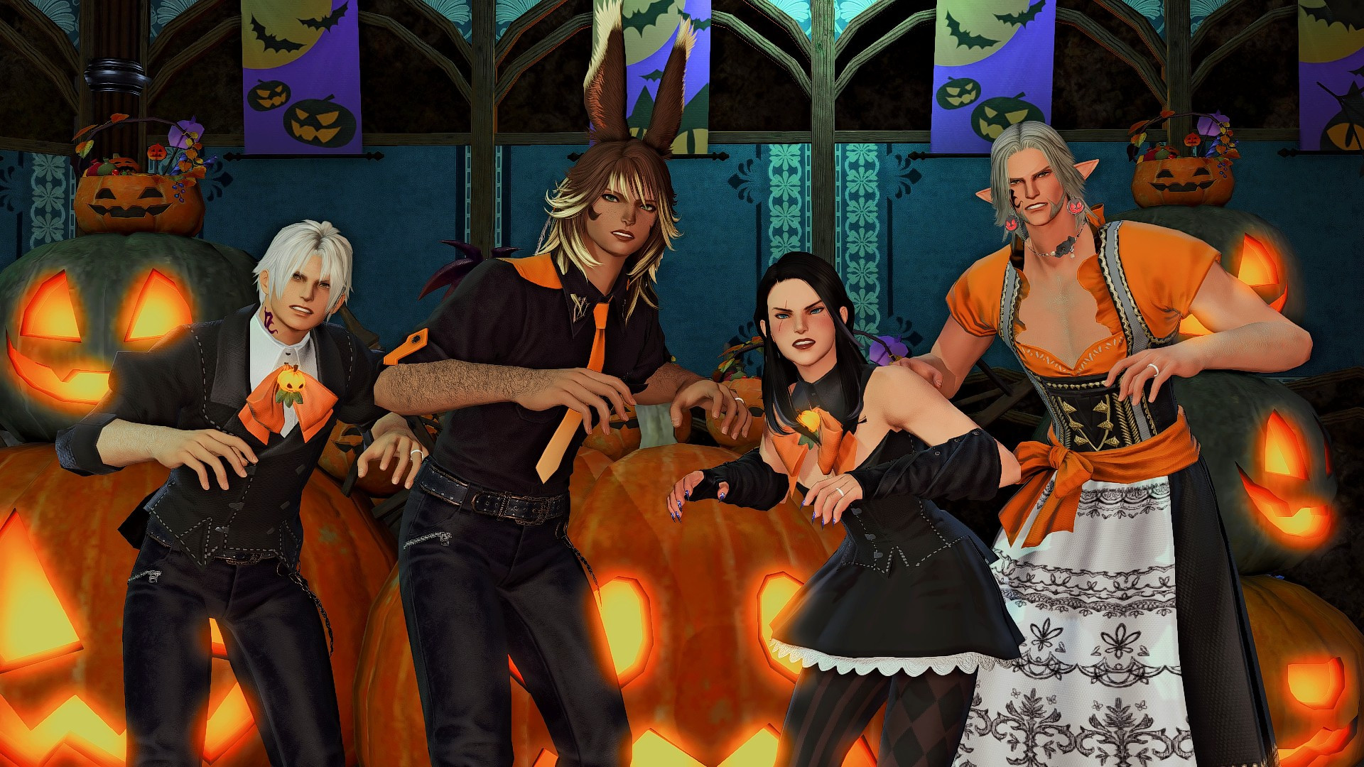 Thancred, Rornir, Alex, and Urianger collectively turn into ghouls, performing /frighten emote.