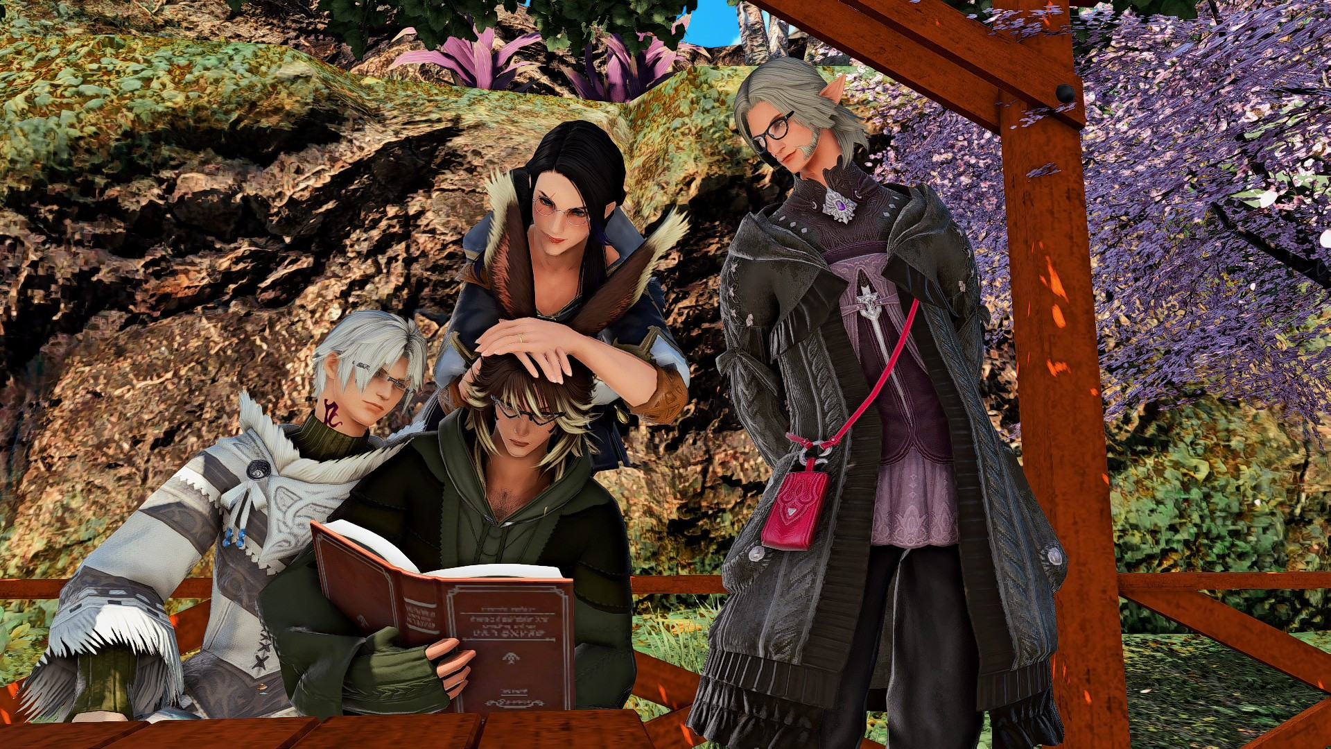 Rornir is intently reading a book. Thancred, leans from his right, Alexandria is leaning over his ears and Urianger is peering from his left. 