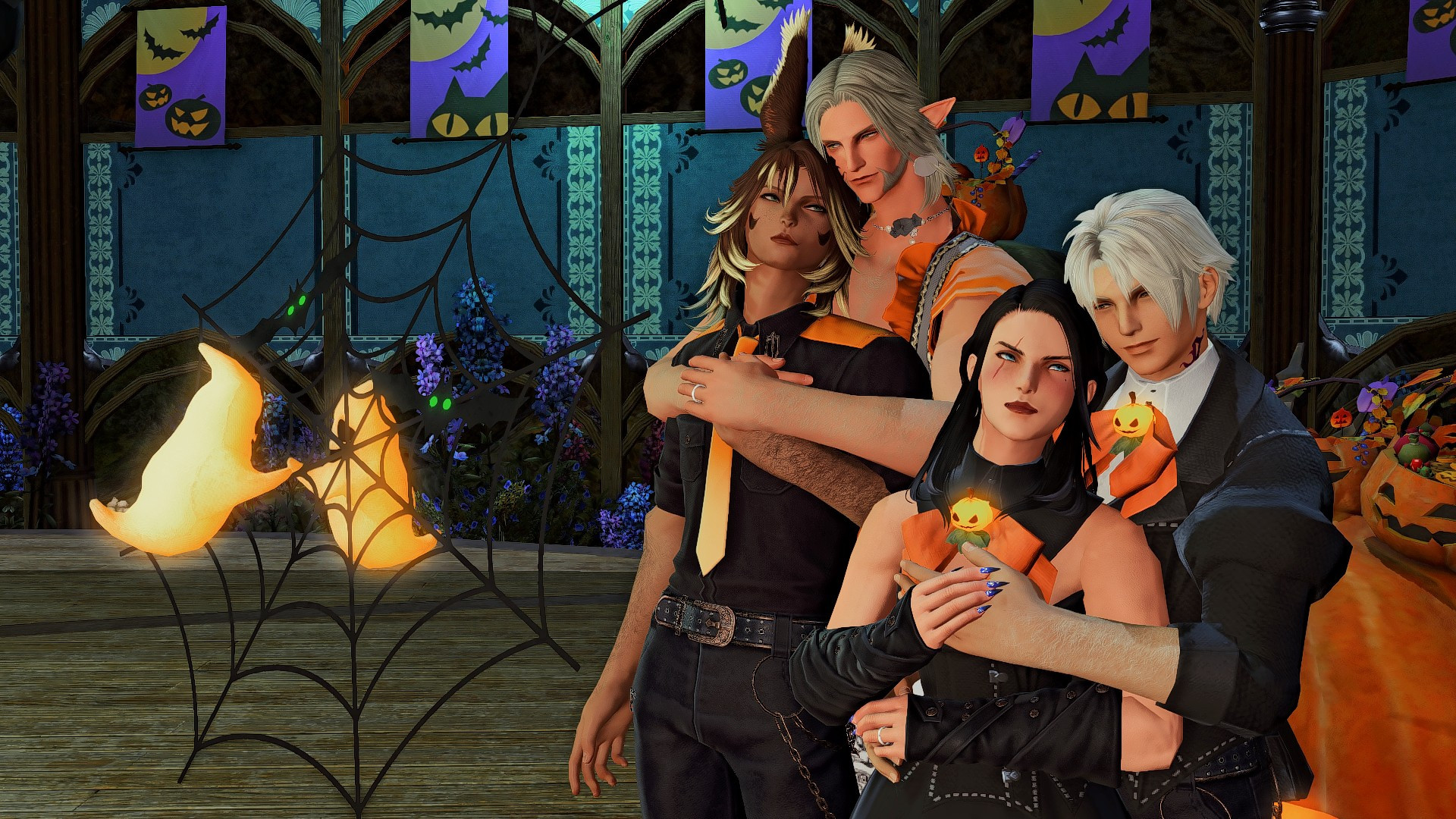 Rornir is embraced by Urianger and Alex is embraced by Thancred. A sweet moment in a spooky set.