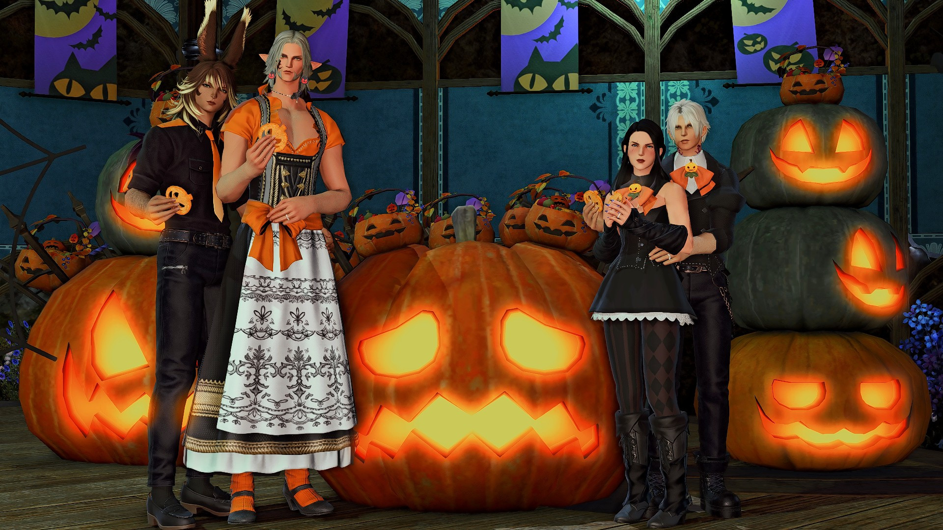 Rornir and Urianger (left) and Alex and Thancred (right) pose in front of a pumpkin set in Gridania while eating pumpkin cookies.