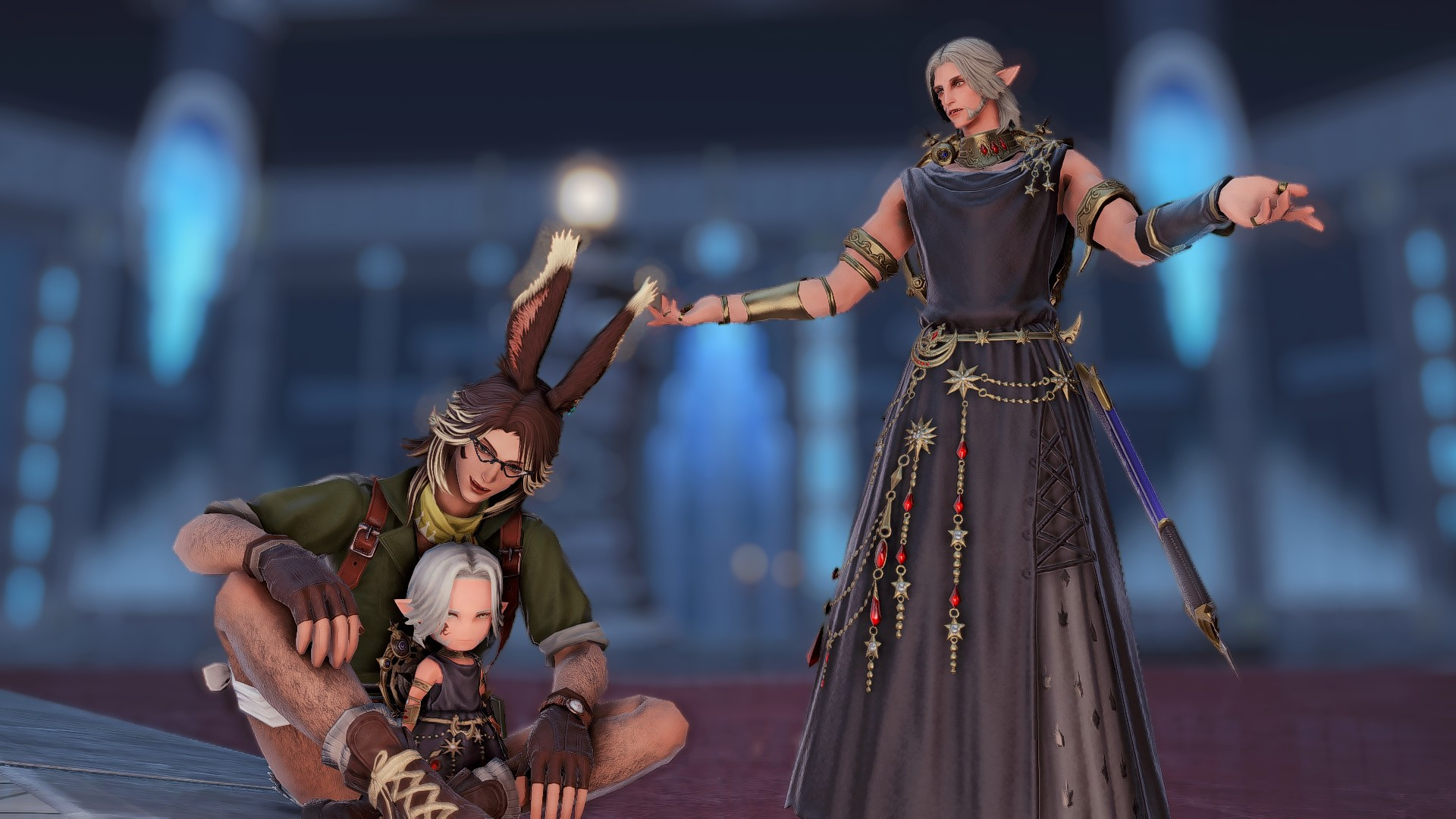 Rornir lovingly admires his Brave New Urianger minion in his lap while the real Urianger, his husband, stares on in befuddlement.