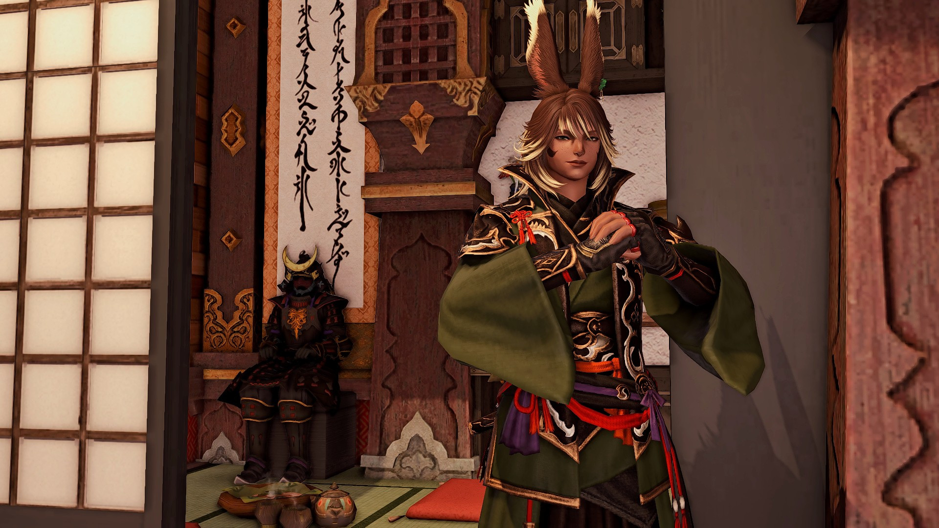 Rornir performing a /easterngreeting in his Shirogane home, decorated in a traditional Othardian aesthetic. He's standing outside of his tea room, old armor and an eastern scroll sit behind him.