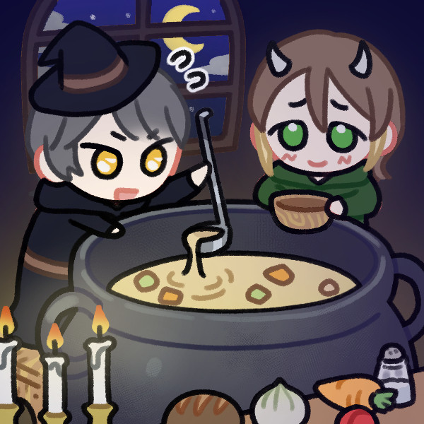 Urianger menacingly preparing soup. Rornir looks on, concerned but supportive.