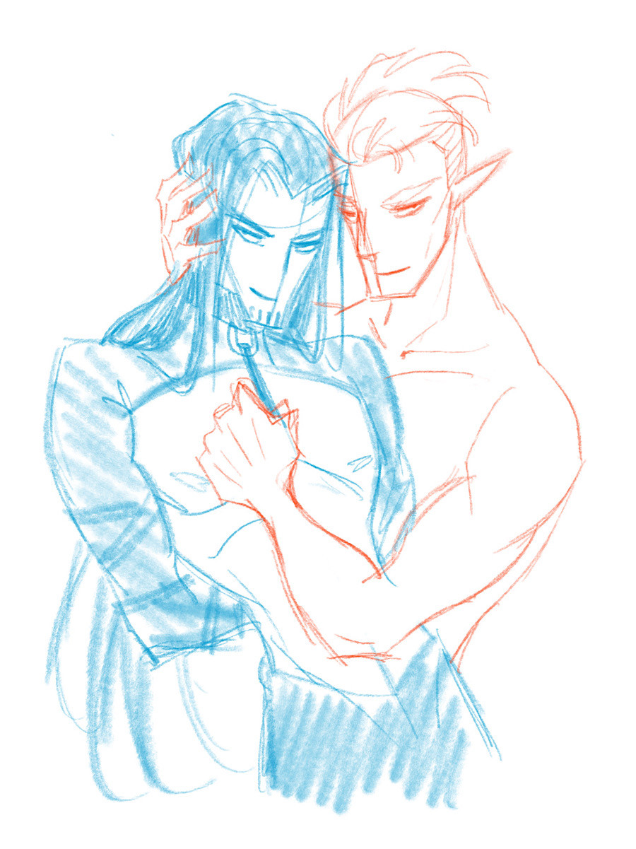 Rough sketch of my OCs Fen (long hair) and his partner Cat. Fen’s got some light bondage getup on with a collar