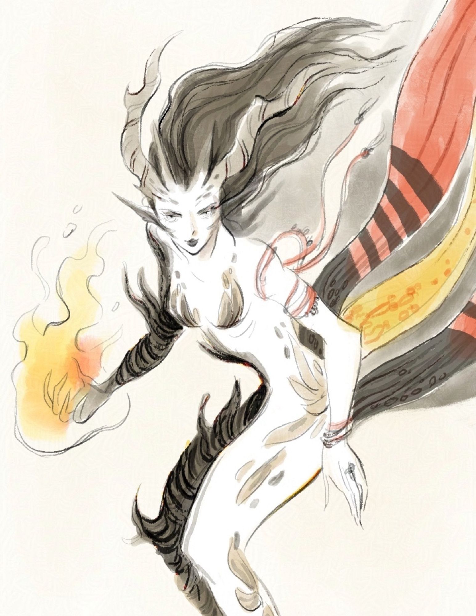 Art of white female figure with horns and dark hair. One side of her body is black and armor like. One hand is glowing. Colorful scarf behind her in background.