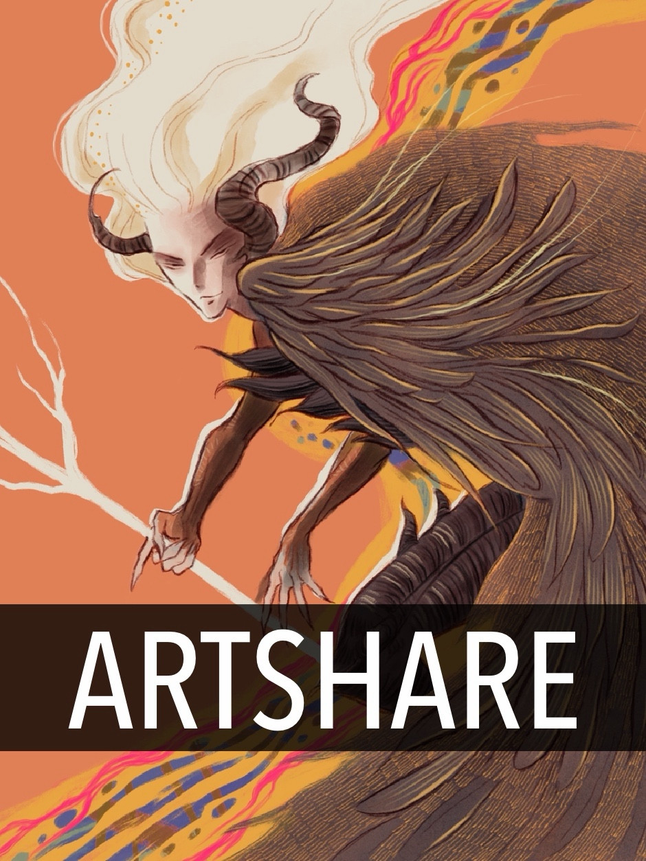 Illustration of a white haired character with a feathery sort of cloak, holding a white staff. Words ‘artshare’ in foreground.