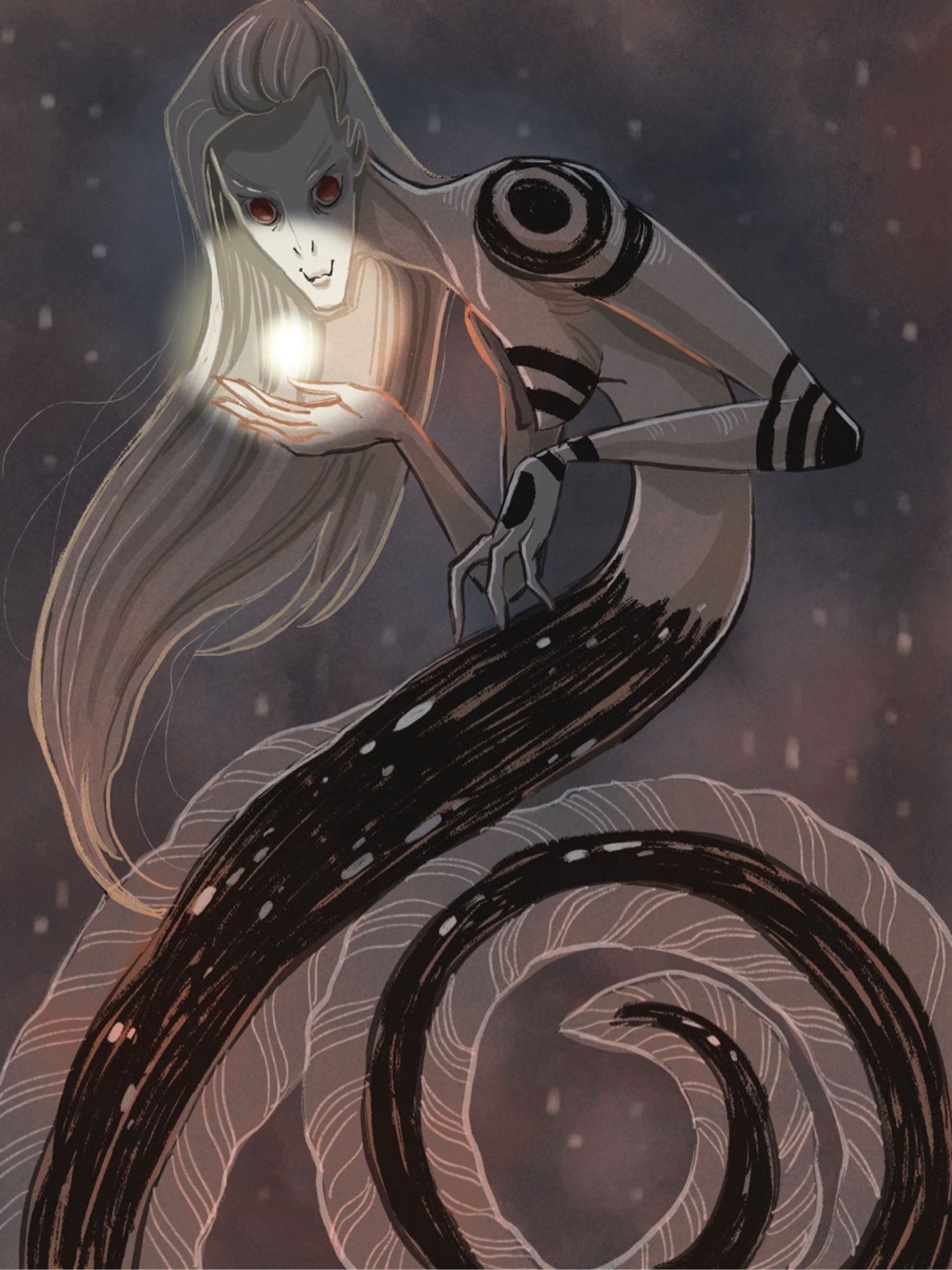 Eez from Thirsty Mermaids. She’s a eel merfolk with some magic powers and black spiral tattoos on her torso.