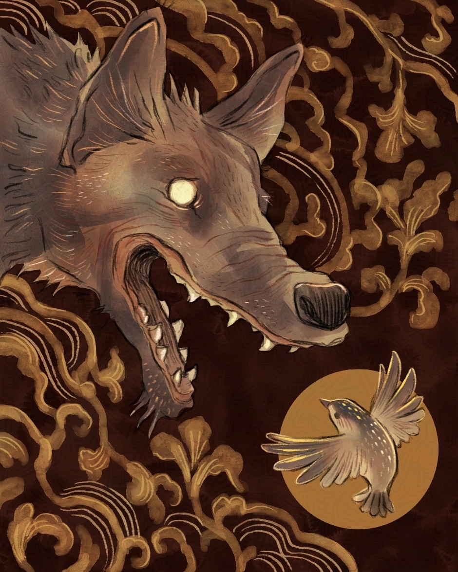 Art of a wolf face snarling at a small bird. Floral pattern in background.