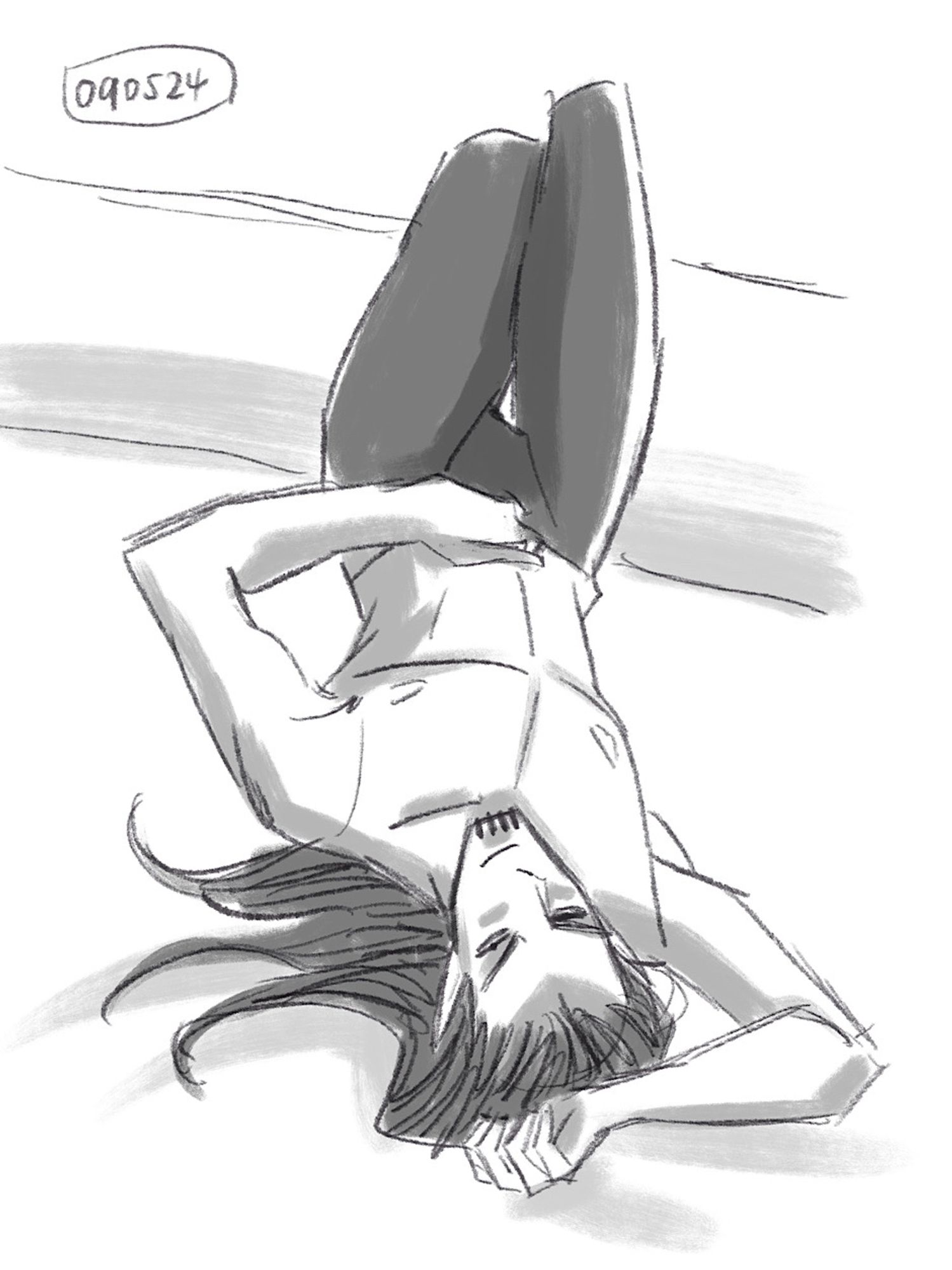 Greyscale sketch of male elf lying on back with legs partly raised.