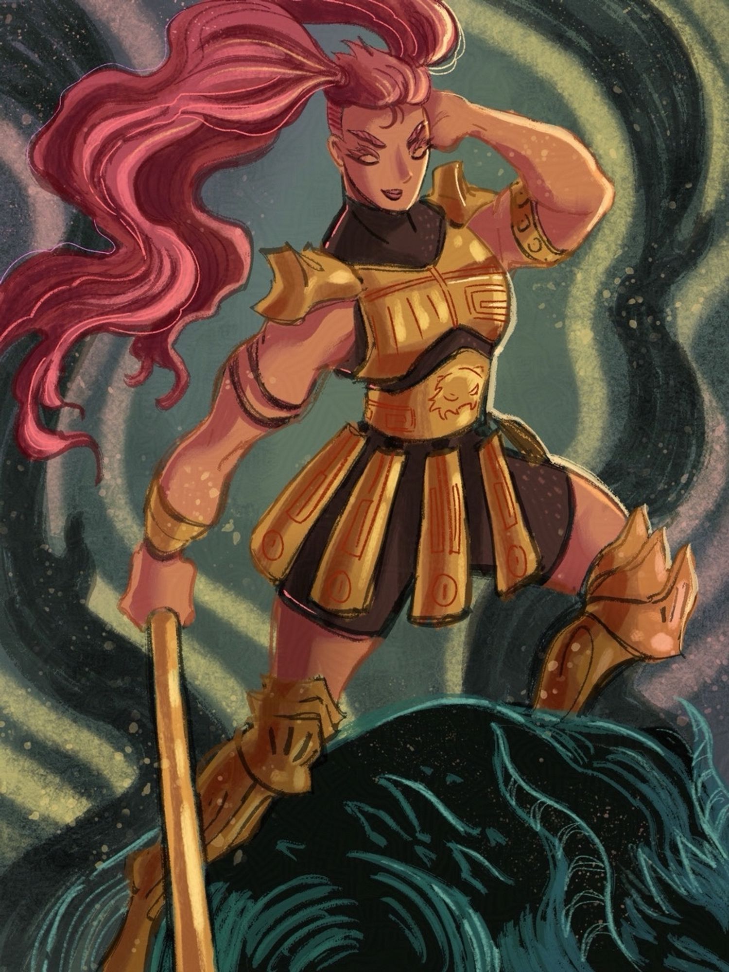 My OC Cheryl the Amazon. Woman with long pink hair in ponytails, wearing gold armor and carrying a gold club.