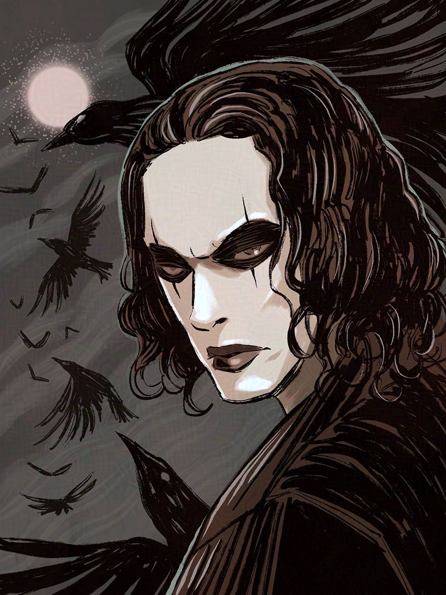 Illustration of The Crow as portrayed by Brandon Lee. Pale young man with black makeup stares off to the left against a moonlit sky filled with flying crows.