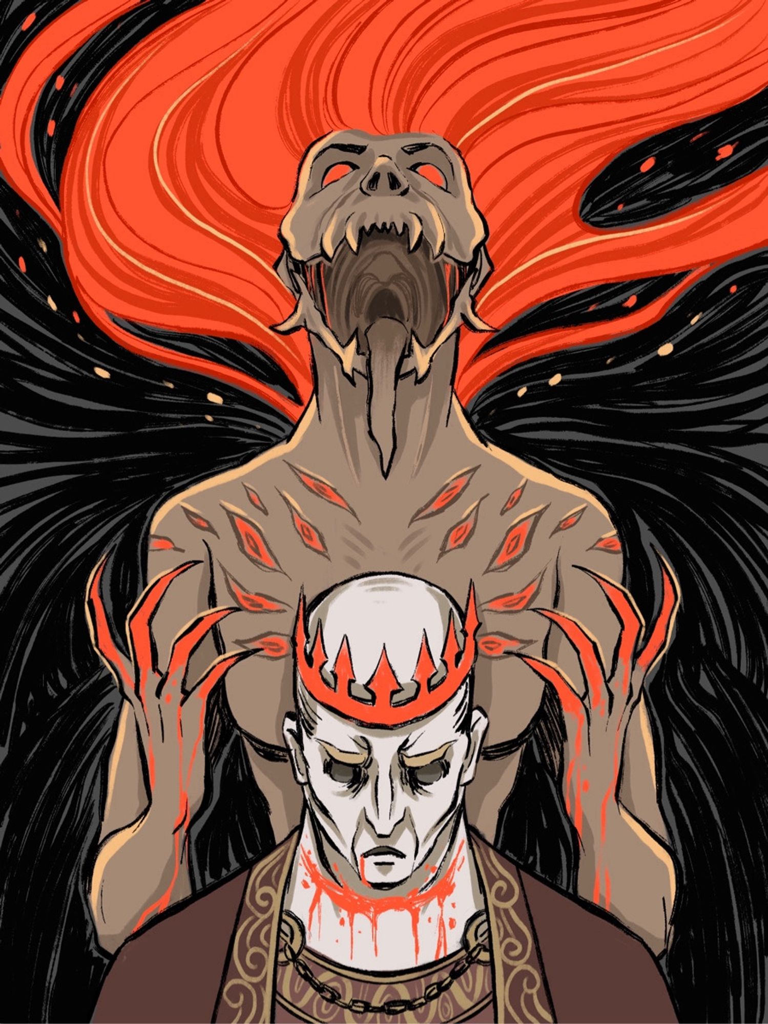 Monster with red hair, bloody talons and lots of eyes on torso standing behind a male figure with a bleeding neck. He is wearing a red crown.