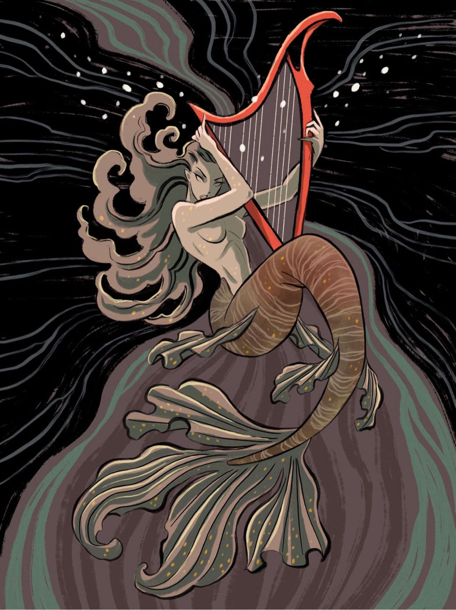 Mermaid with red harp