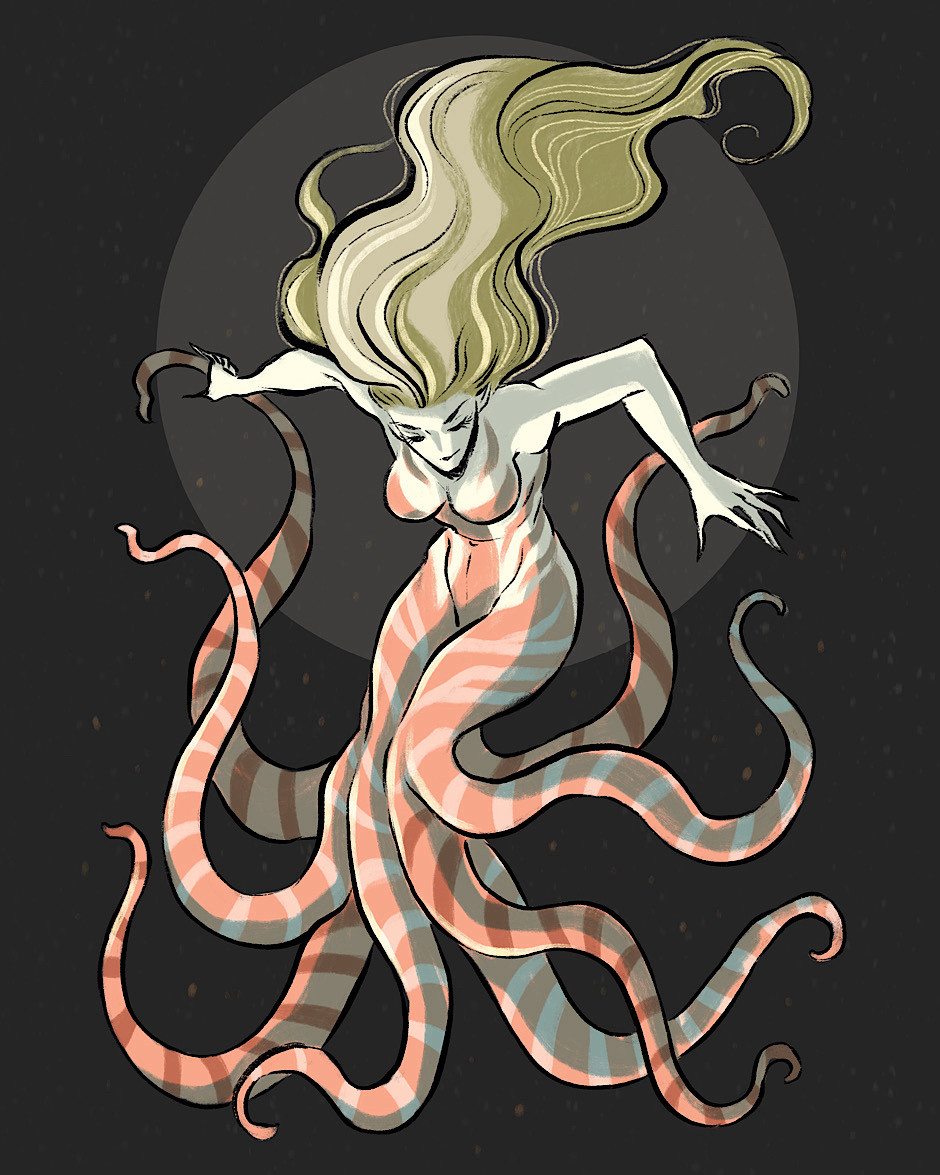 Octopus mermaid with pink and white stripes and greyish green hair. Grey circle against black background.