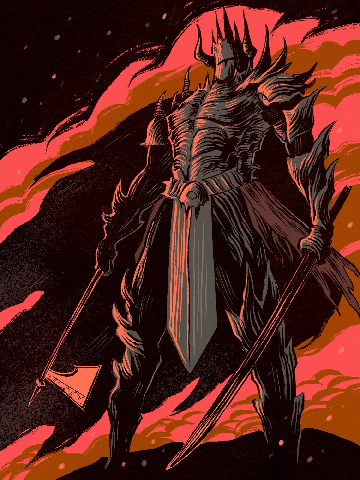 Knight in dark armor and black cloak holding sword and axe, against red sky