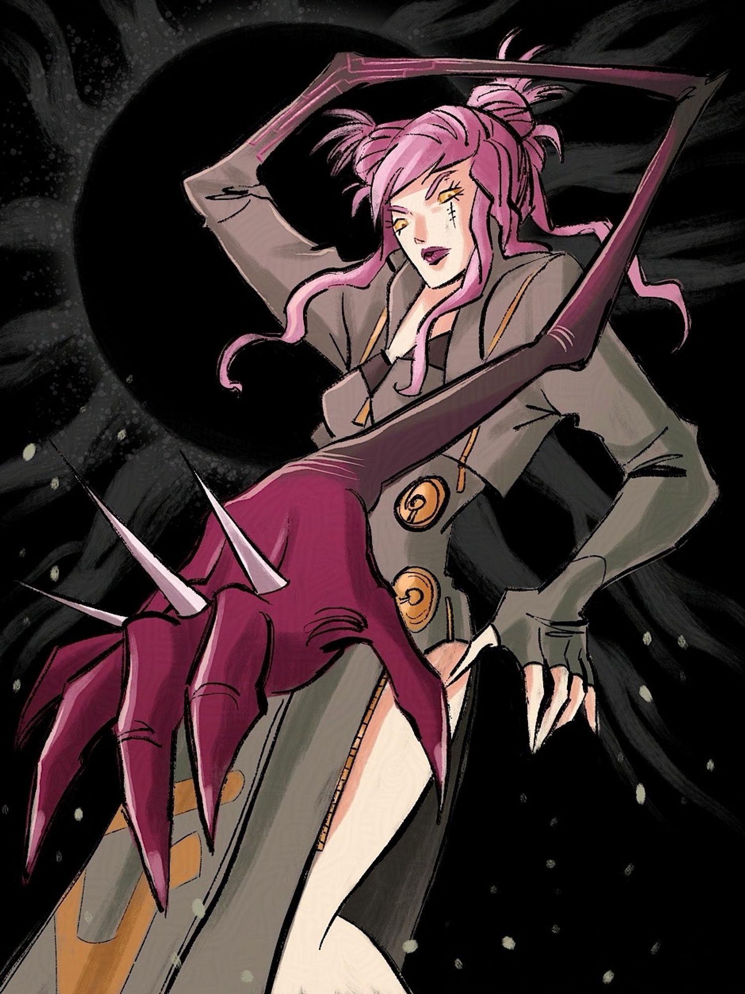 Argilla from Digital Devil Saga. Woman with long pink hair in buns, grey outfit. One arm is raised and turning into a demon arm.