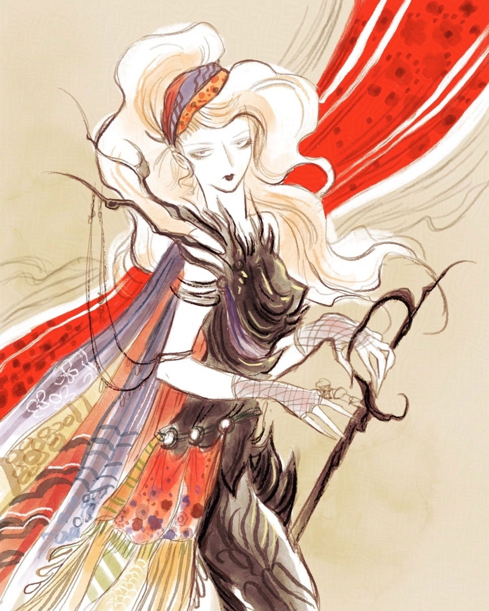 Art of pale woman with light blonde hair wearing black armor and colorful scarves