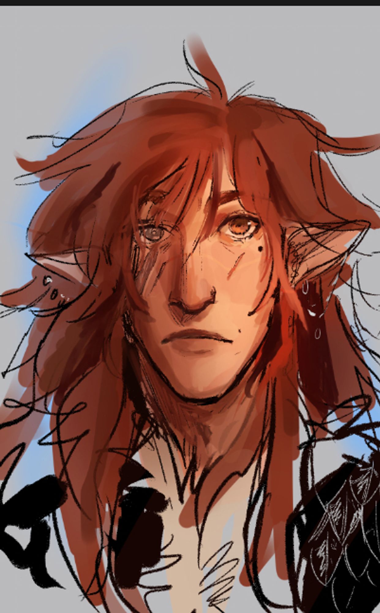 my oc faelin, a half elf. he has long red layered hair and light skin. His eyes are brown, but he is blind in the right eye. There are scars over it