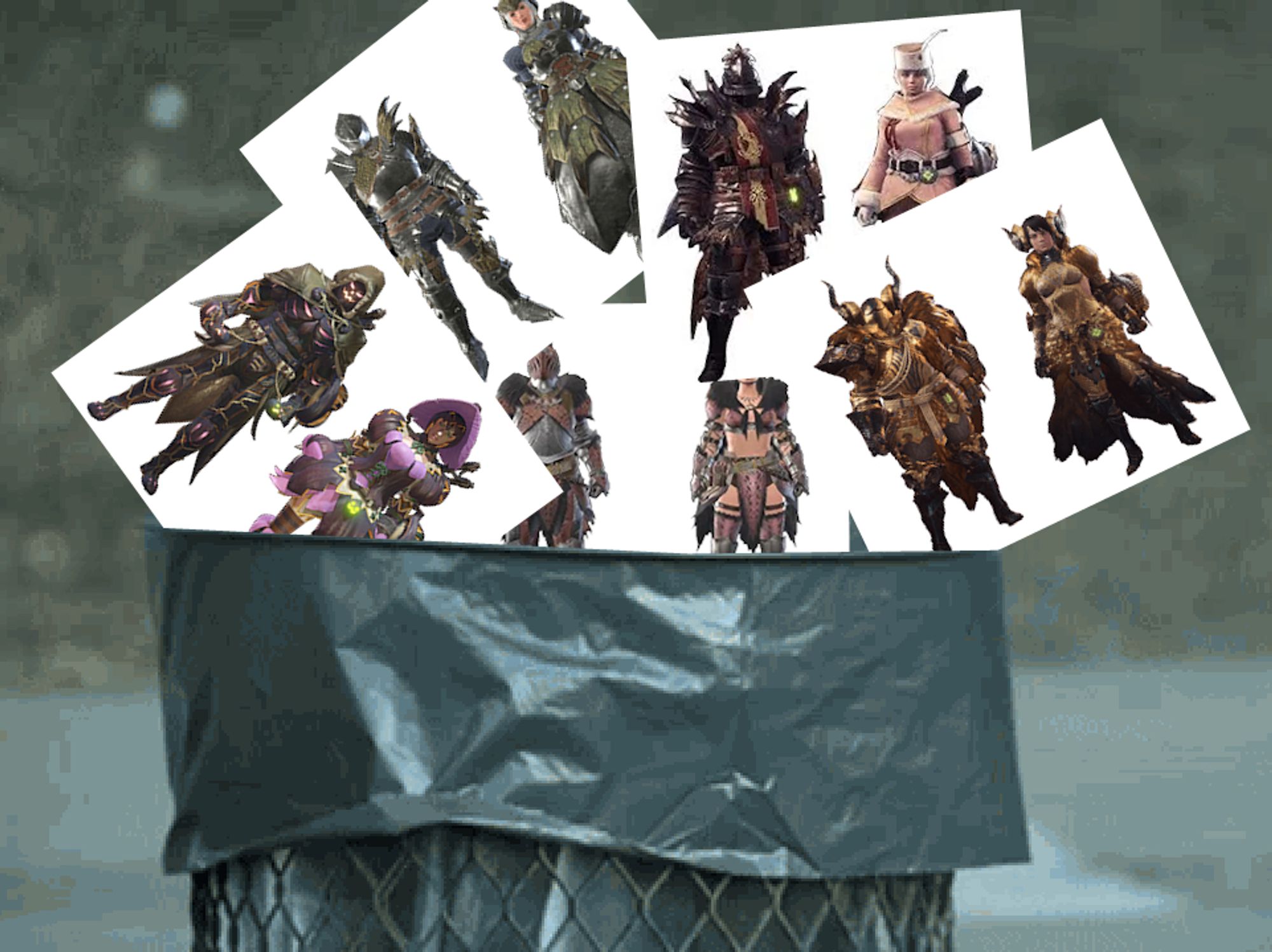 various monster hunter armor sets that have gender locked designs, all in the trash where they belong