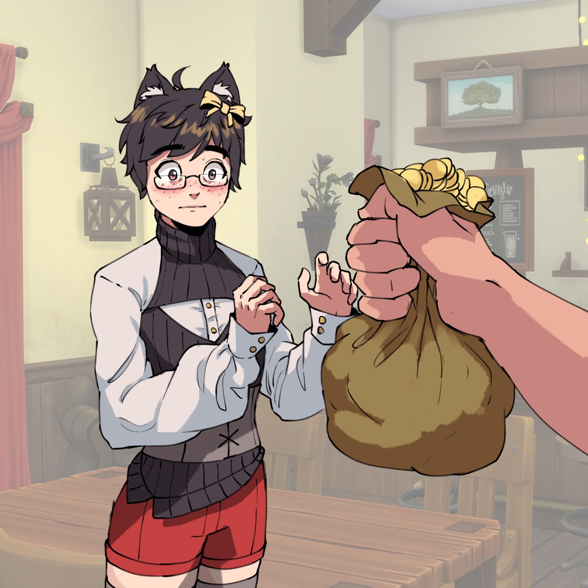 JoCat in his tavern being handed a massive sack of gold while he is blushing with a shocked expression, with a raised hand considering taking the bag