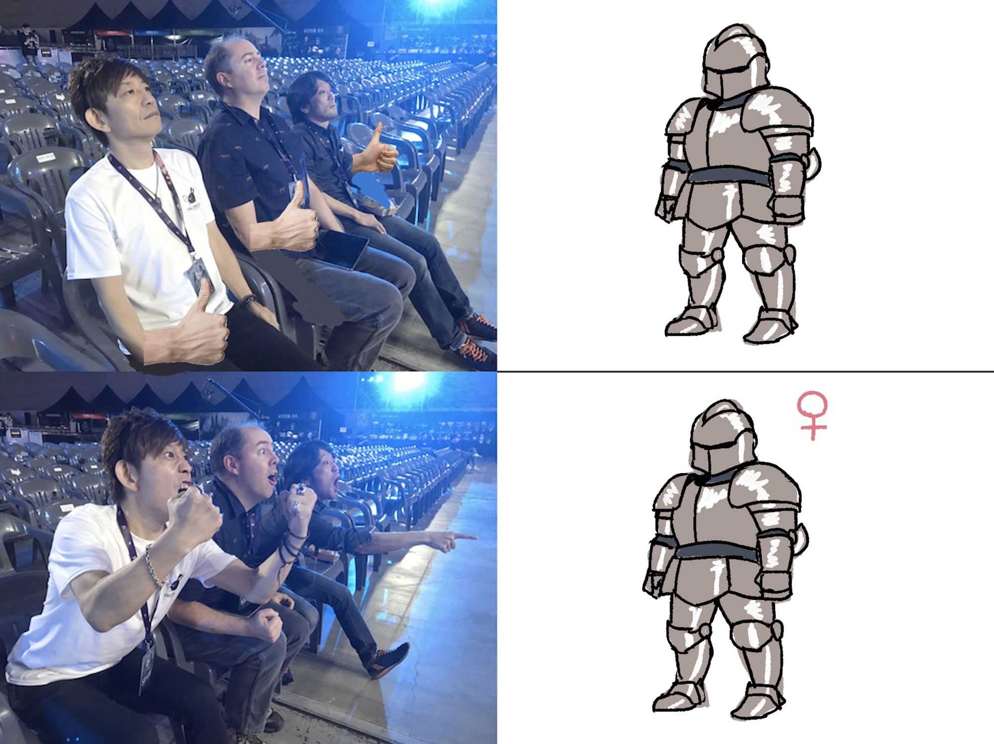 a two-panel meme. In the top panel is YoshiP, Koji Fox, and Masayoshi Soken sitting in audience seats looking unfazed at a crude drawing of a faceless armored knight. The second panel has them excitedly cheering and pointing towards the very exact same crudely drawn faceless armored knight with no discernable difference in design or features, but who is now noted as being female