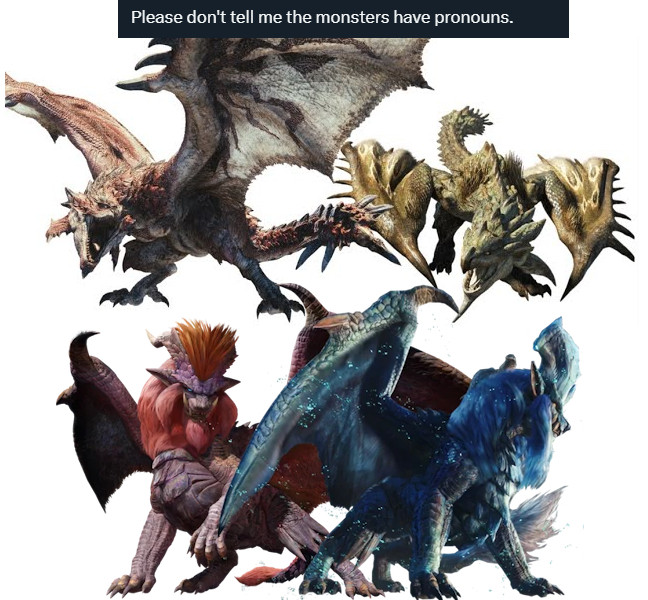 a tweet lamenting that Monster Hunter will "go woke" with the comment: "Please don't tell me the monsters have pronouns"

attached below are Rathalos and Rathian, male and female equivalents of a species, and Teostra and Lunastra, also male and female equivalents of a species, both of which characters in-game and people out-of-game refer to with male and female pronouns