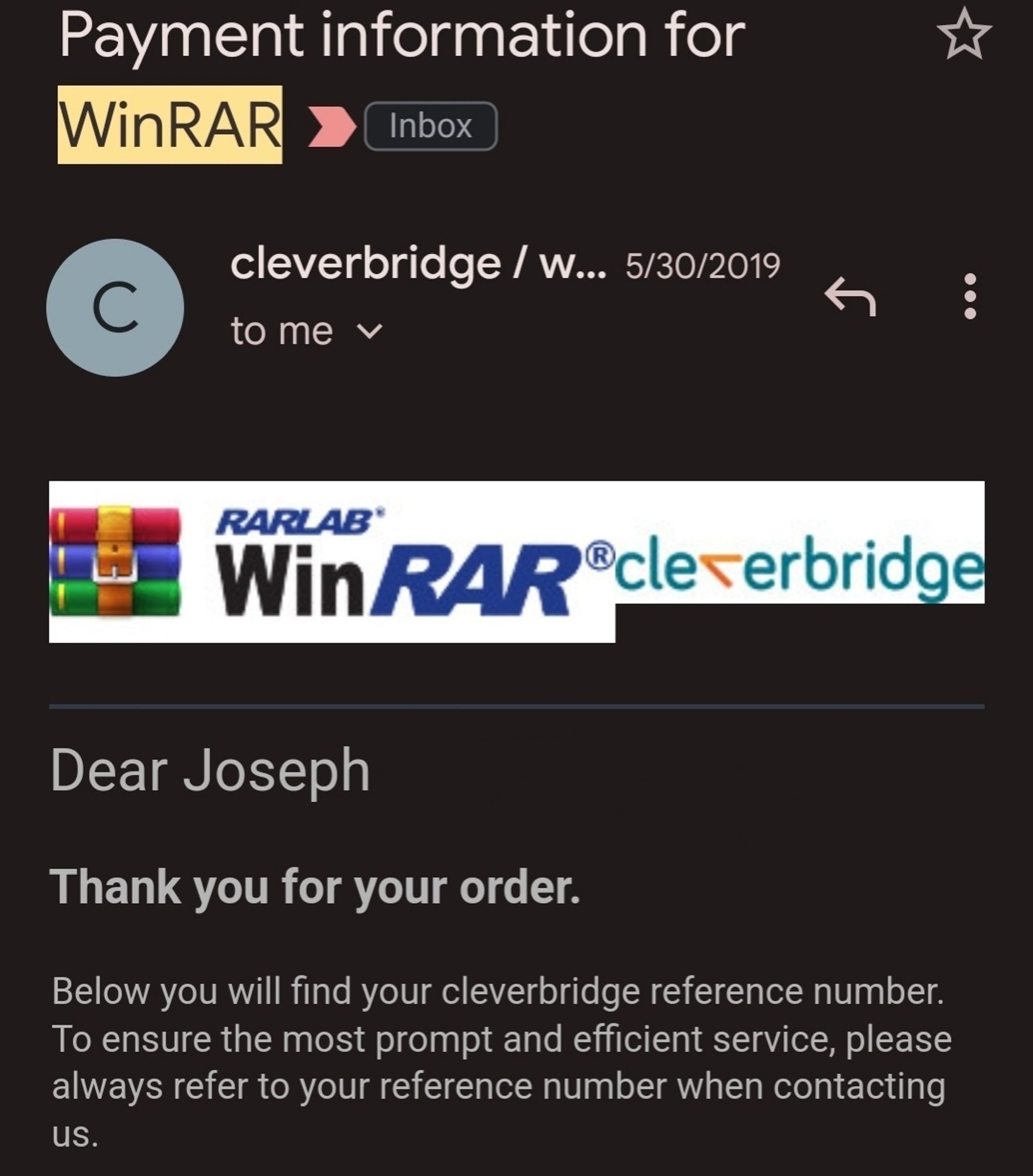 an email confirming the purchase of a windrar license