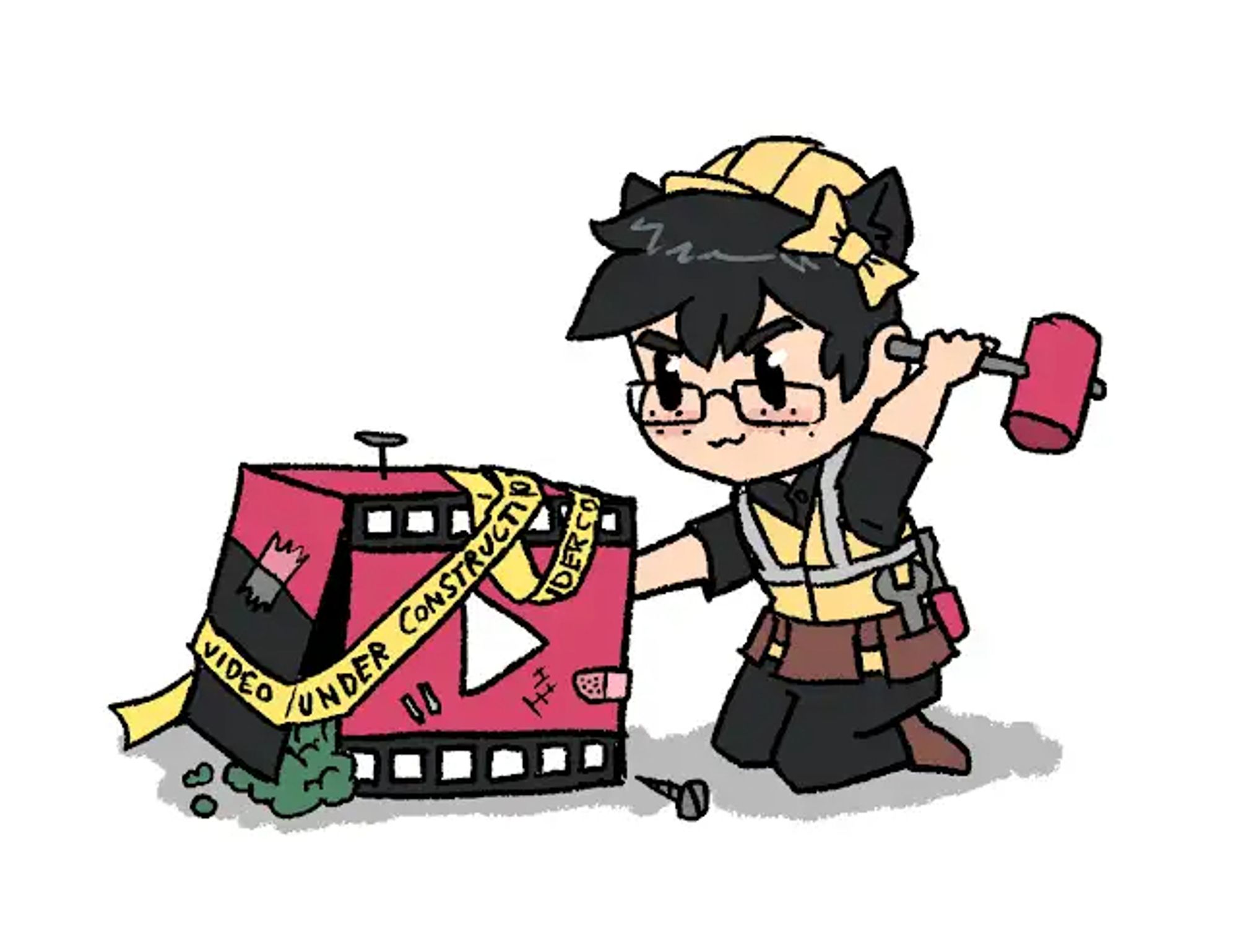 a chibi JoCat hammering an unfinished broken down box representing a video, which has panels open, nails sticking out, tape holding pieces together, construction tape haphazardly decorating the outside, and a mysterious green substance leaking out of it