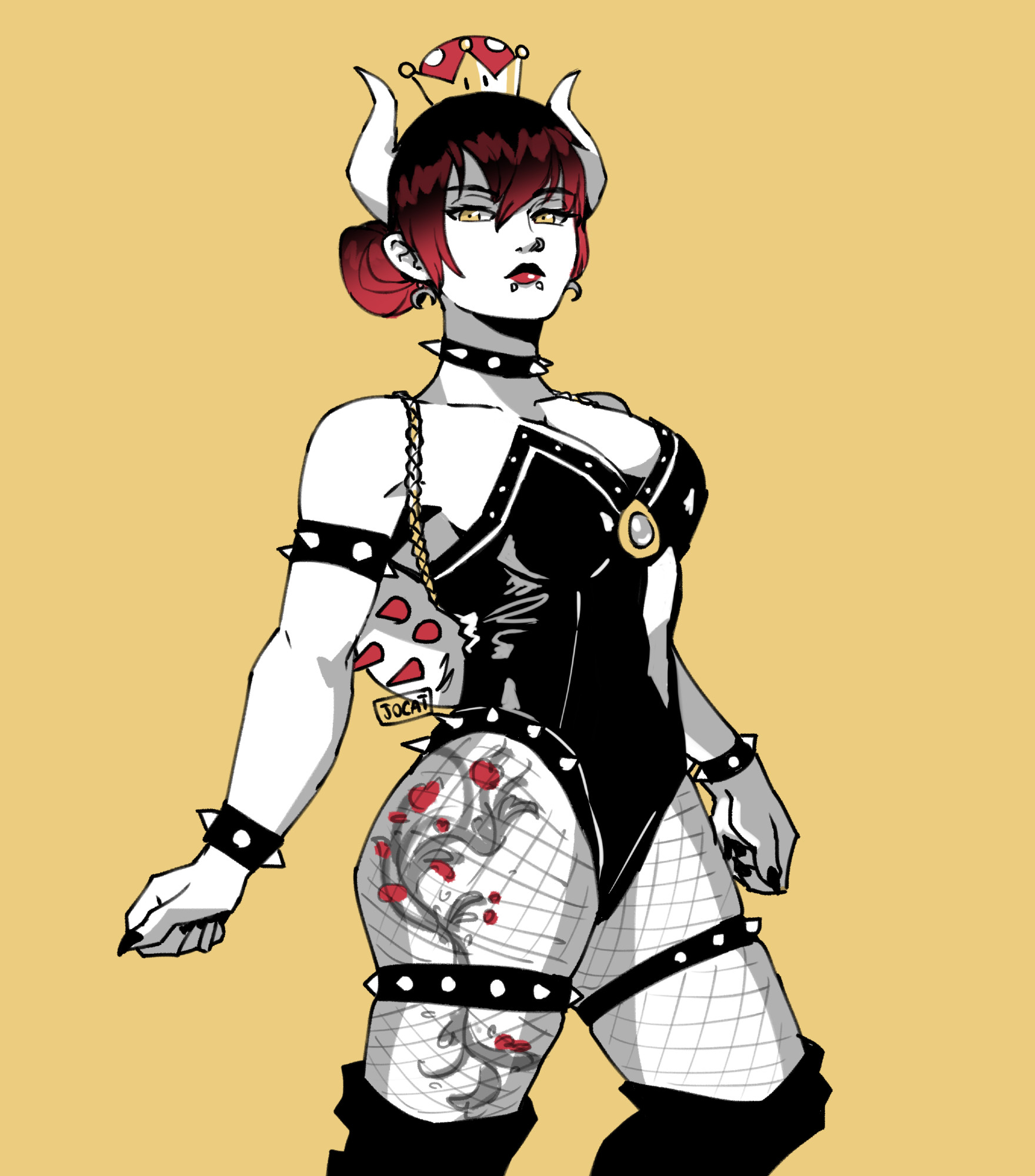 art of a goth-style bowsette cosplay with high contrast and very little color beside a soft yellow background and bright red highlights in various places