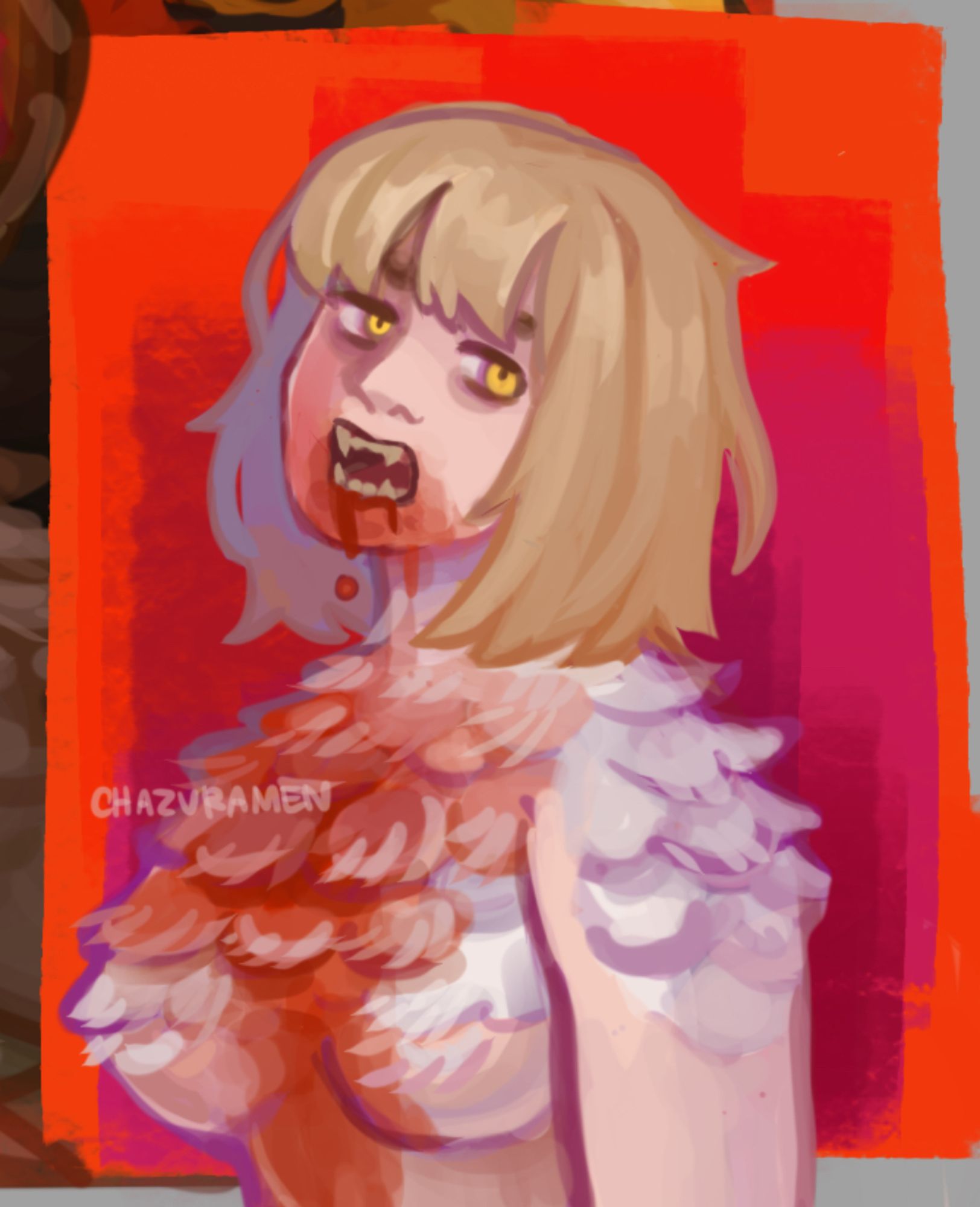 bust shot of chimera! falin. she is looking at the camera with her mouth open and blood dripping from her mouth to the feathers on her chest ( whoa hey )