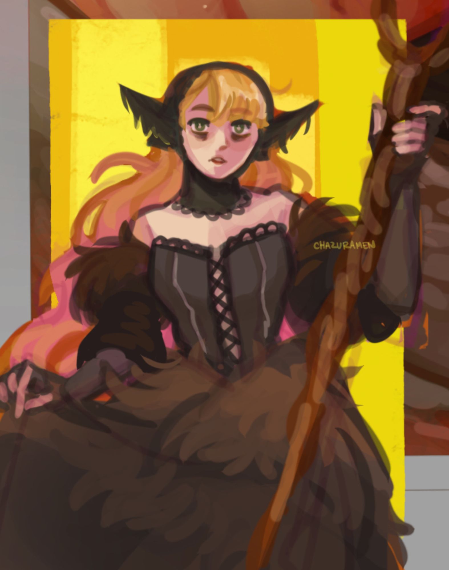 marcille in her black dungeon lord dress carrying her staff, ambrosia. behind her is a brushy plain bright yellow background