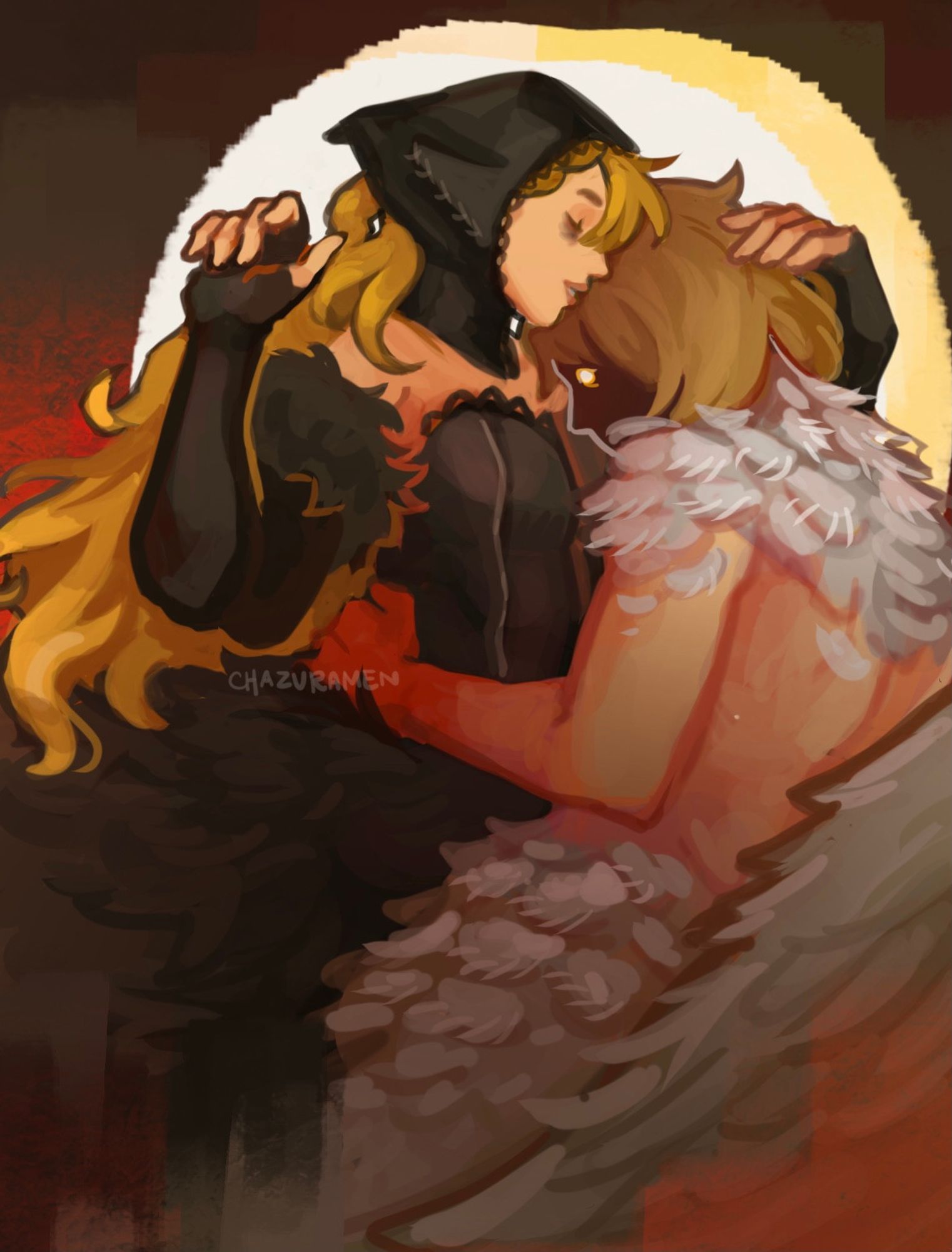 dungeon meshi fanart: marcille in her black dungeon lord dress being embraced by chimera! falin, falin is pressing her face on marcille's shoulder and her face has a shadow over it, showing only one of her glowing eyes, marcille has her right hand up and her left hand is gently touching falin's head