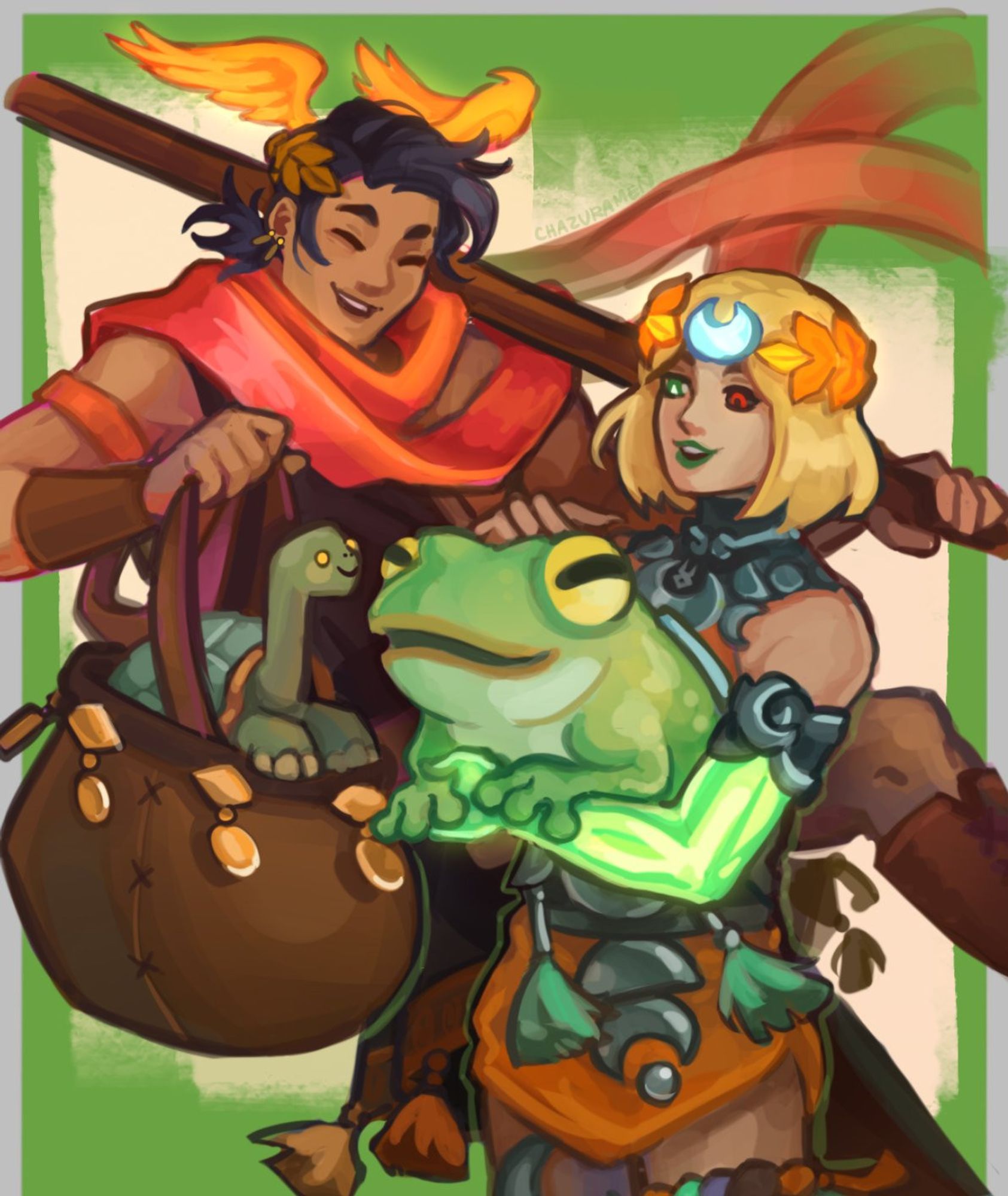 Supergiant's Hades 2 fanart of Melinoe and Hermes. Hermes is floating and holding up his bag, showing his pet turtle, Chelly to Melinoe. Melinoe is smiling at Chelly while she holds her frog familiar, Frinos.