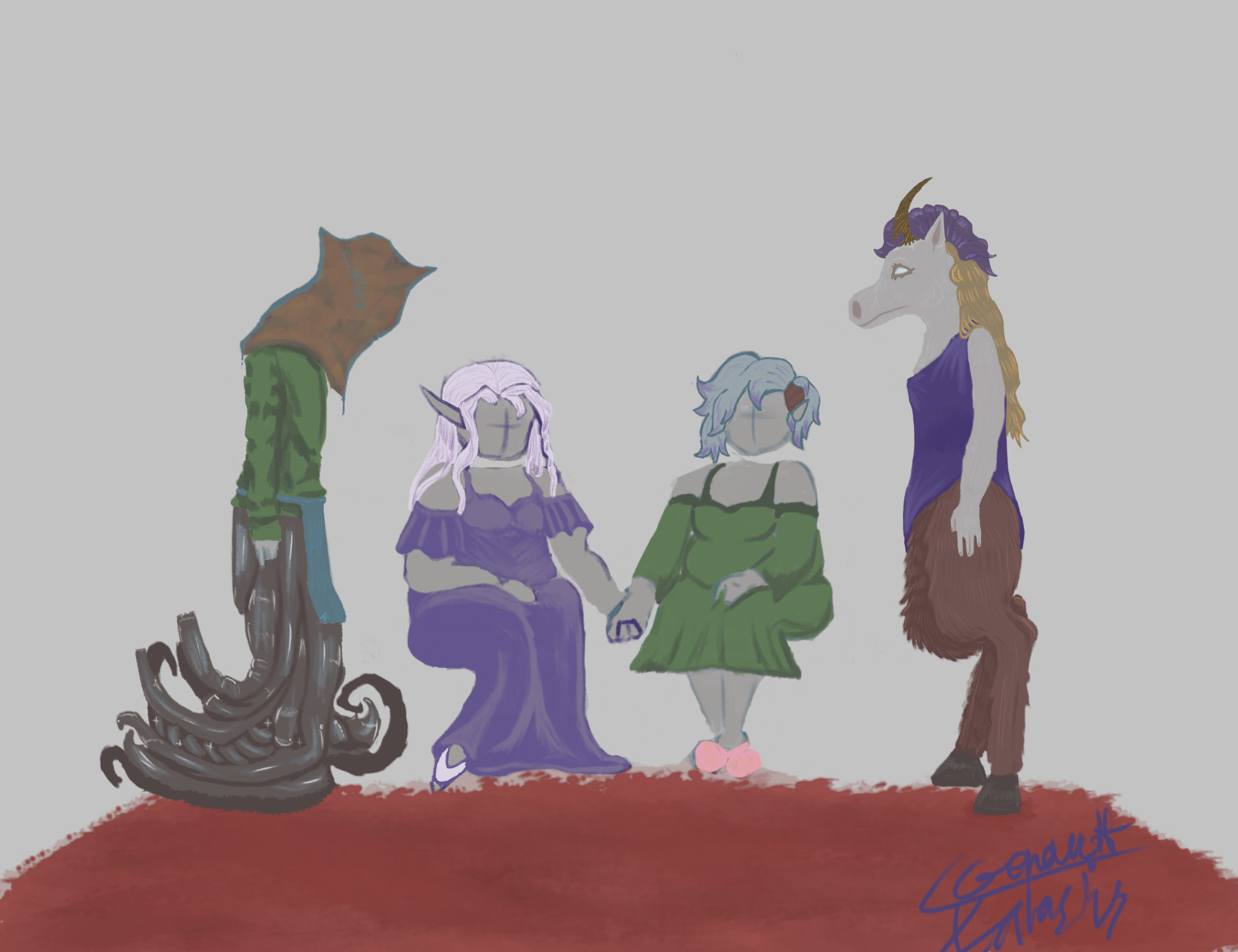 4 figures on a red carpet, an eldritch being, an elf, a fairy, and a bi-pedal unicorn. the elf and the fairy are holding hands.